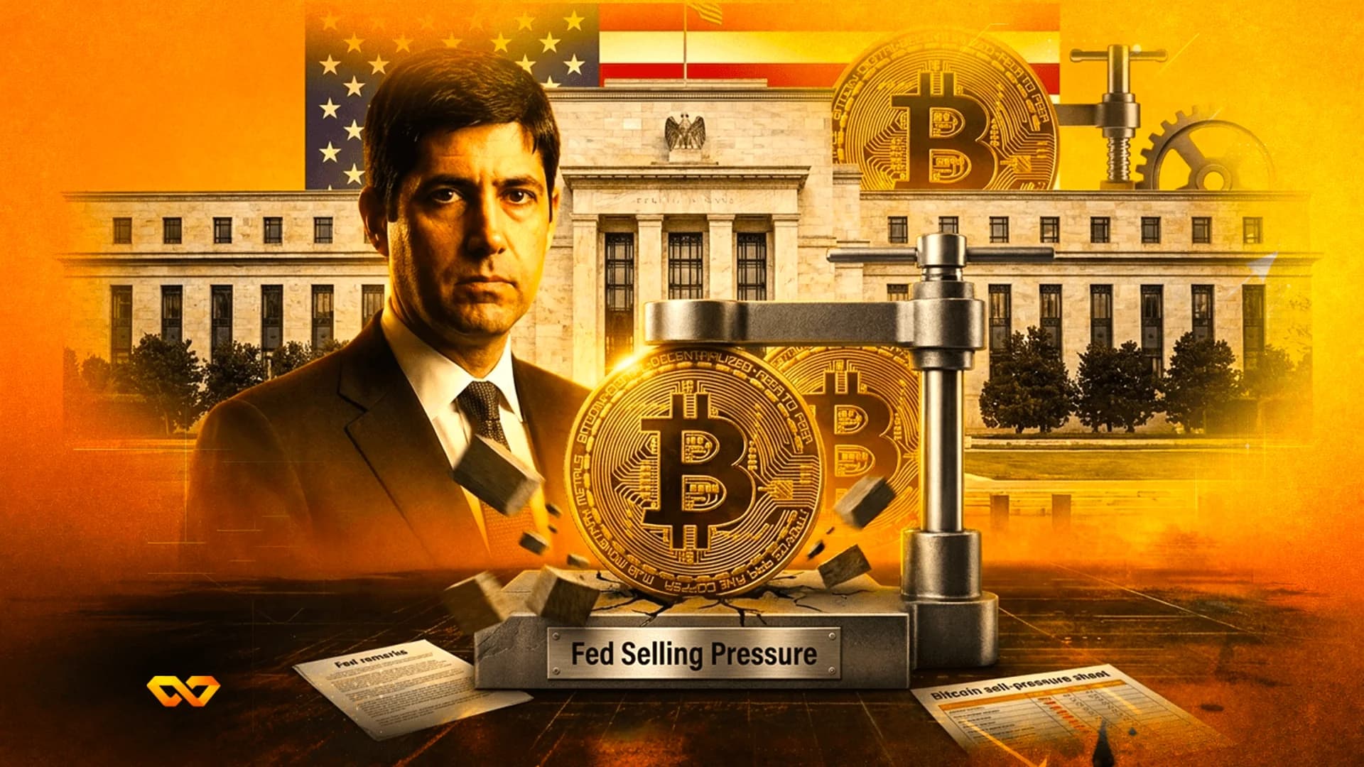 رجل ببدلة بجانب مكبس يسحق عملات بيتكوين، مع مبنى الاحتياطي الفيدرالي وعلم الولايات المتحدة في الخلفية.