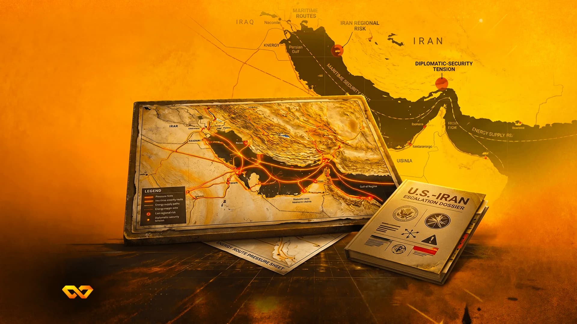 خريطة للخليج العربي وإيران مع مسارات طاقة برتقالية متوهجة بجانب ملف تصعيد بين الولايات المتحدة وإيران.