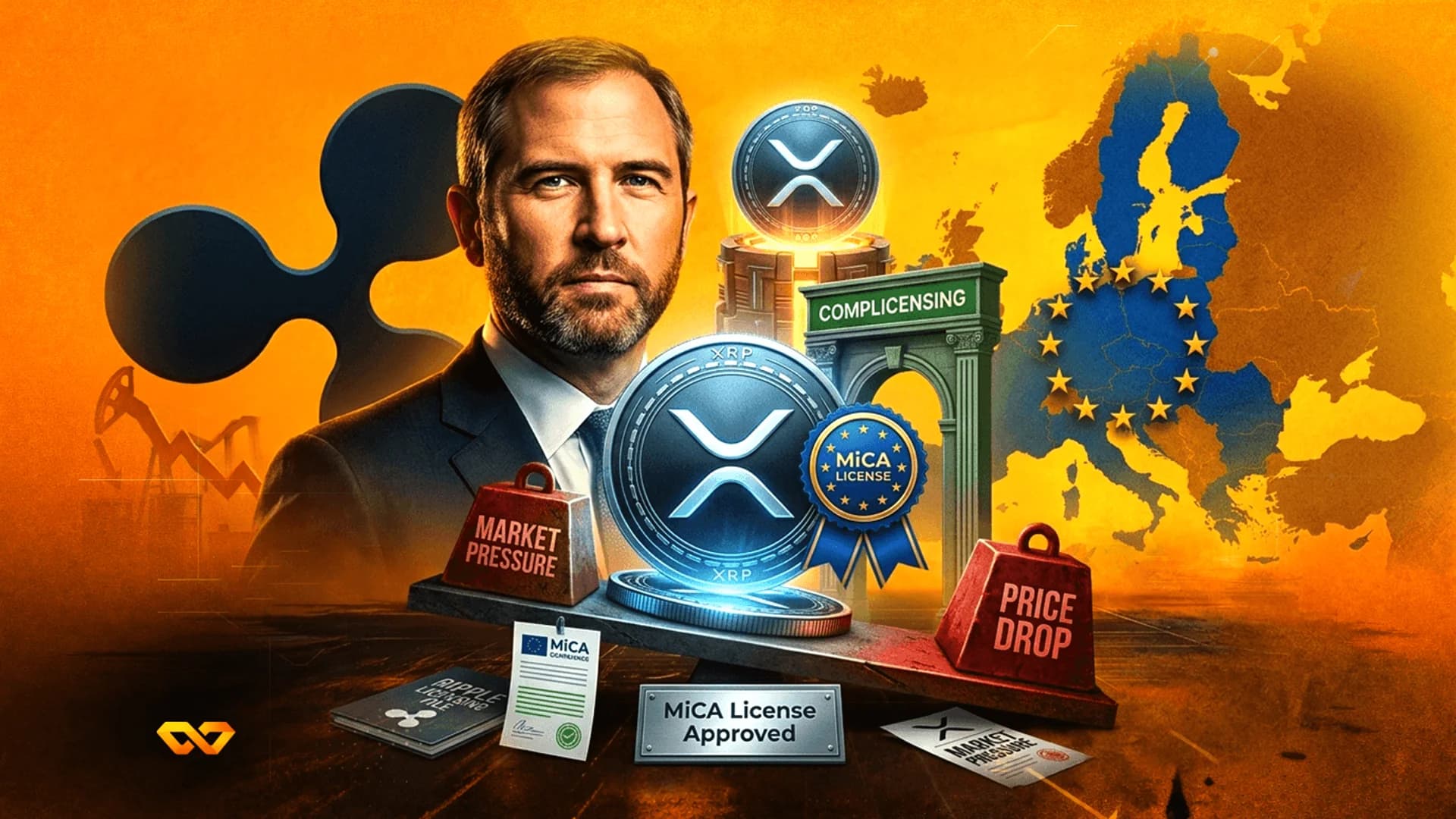 صورة لبراد غارلينغهاوس مع عملات XRP على ميزان، وخريطة لأوروبا، وأختام ترخيص MiCA.