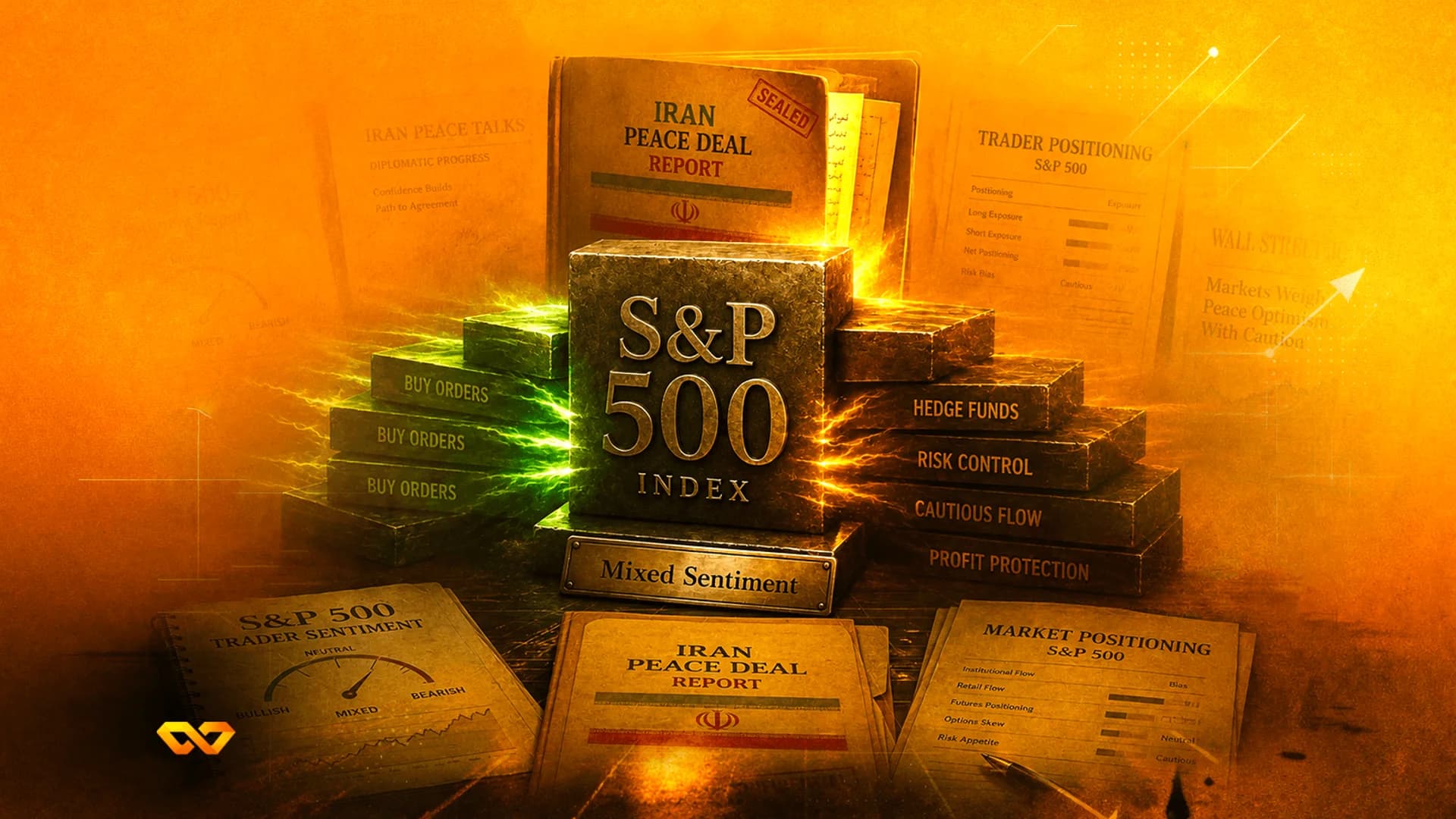 كتلة مؤشر S&P 500 محاطة بتقارير مالية وكتل مصنفة في أجواء برتقالية متوهجة.