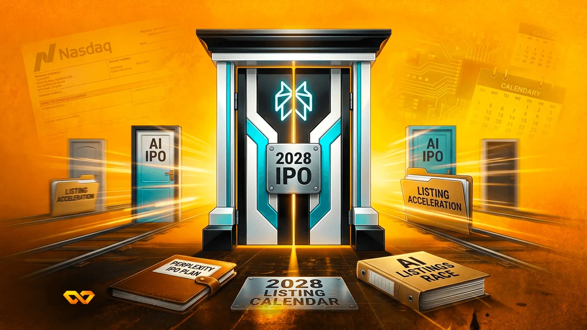 باب مستقبلي يحمل عبارة 2028 IPO مع ملفات ودفاتر حول إدراجات الذكاء الاصطناعي على خلفية برتقالية.