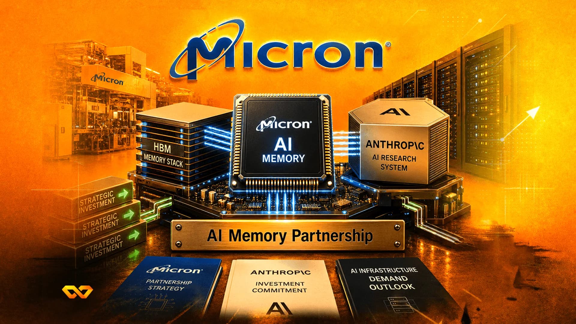 رسم توضيحي رقمي لشريحة ذاكرة Micron للذكاء الاصطناعي، ورفوف خوادم، ووثائق شراكة على خلفية برتقالية.