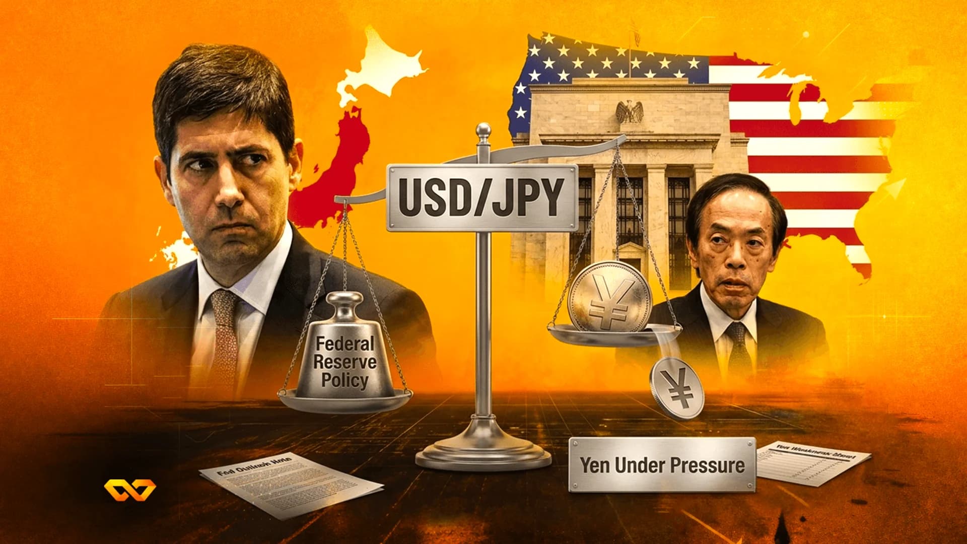 صور لرجلين بجانب ميزان مكتوب عليه USD/JPY مع ثقل لسياسة الاحتياطي الفيدرالي وعملات الين.