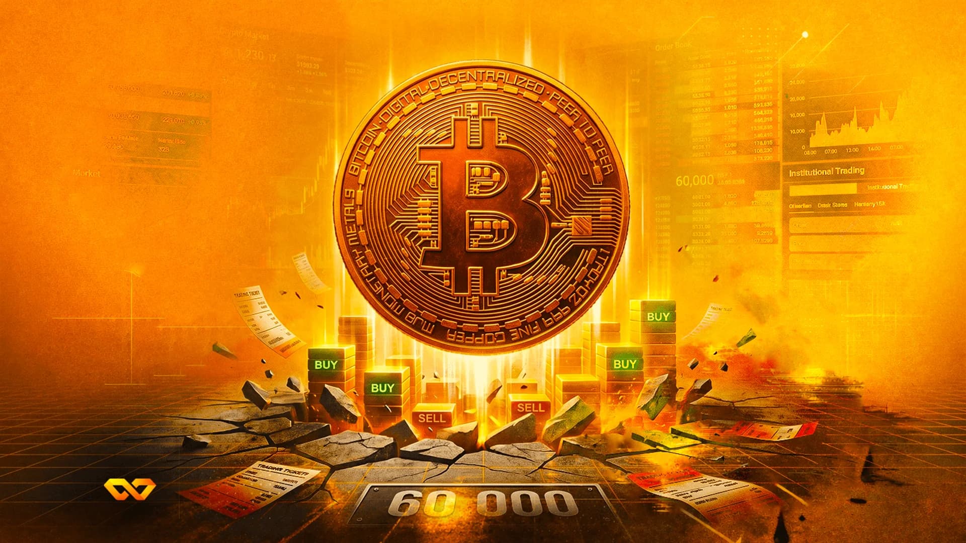 عملة بيتكوين ذهبية كبيرة فوق أرضية متصدعة مع مكعبات 'شراء' و'بيع' وعلامة '60 000'.