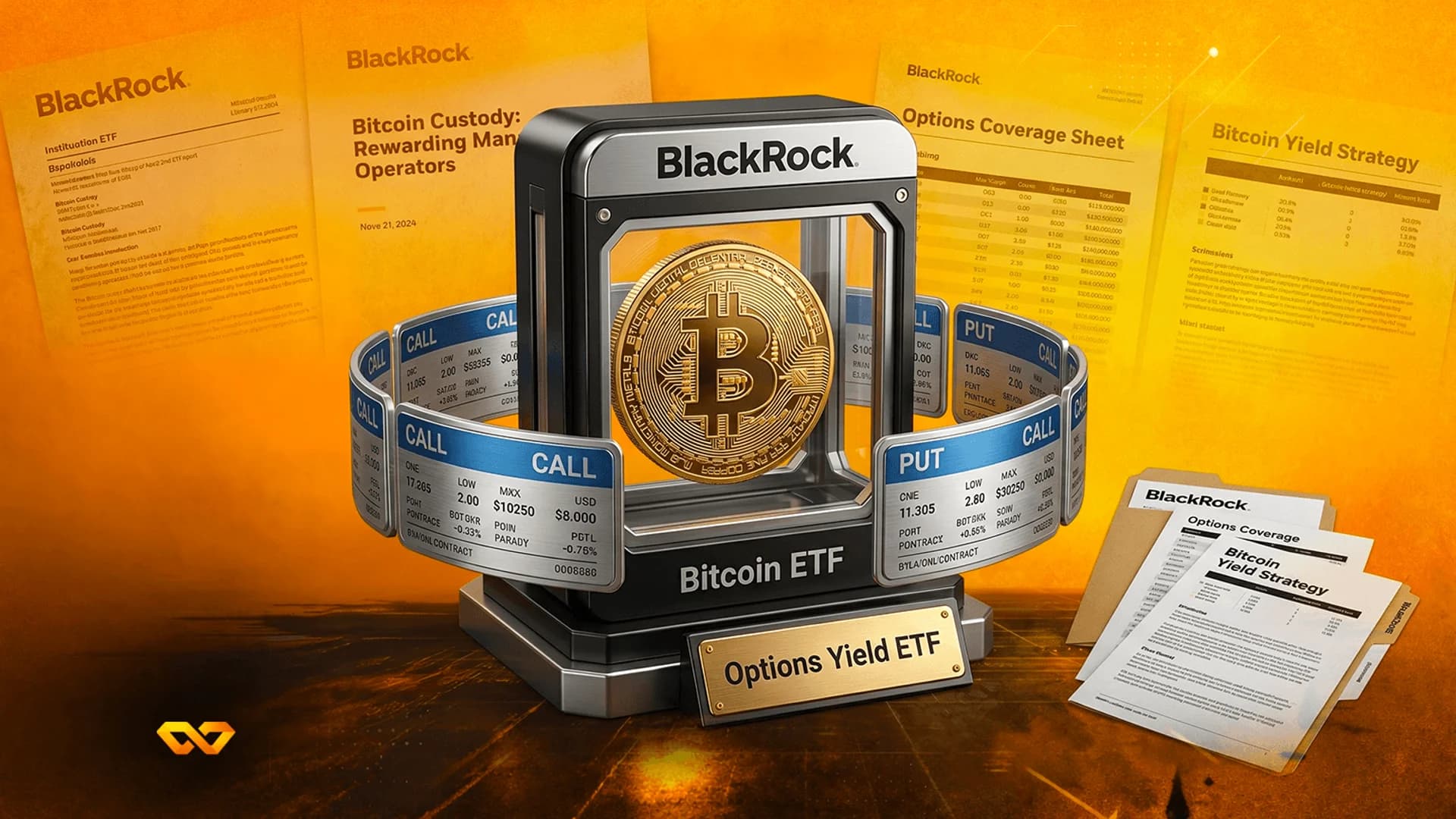 عملة بيتكوين مادية داخل صندوق عرض 'BlackRock Bitcoin ETF'، محاطة بوثائق مالية وشريط أسعار.