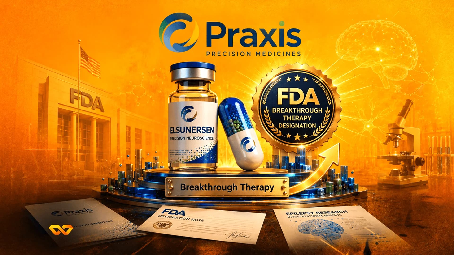 قارورة دواء Elsunersen بجانب ختم ذهبي لتعيين العلاج الاختراقي من FDA وشعار Praxis على خلفية برتقالية.