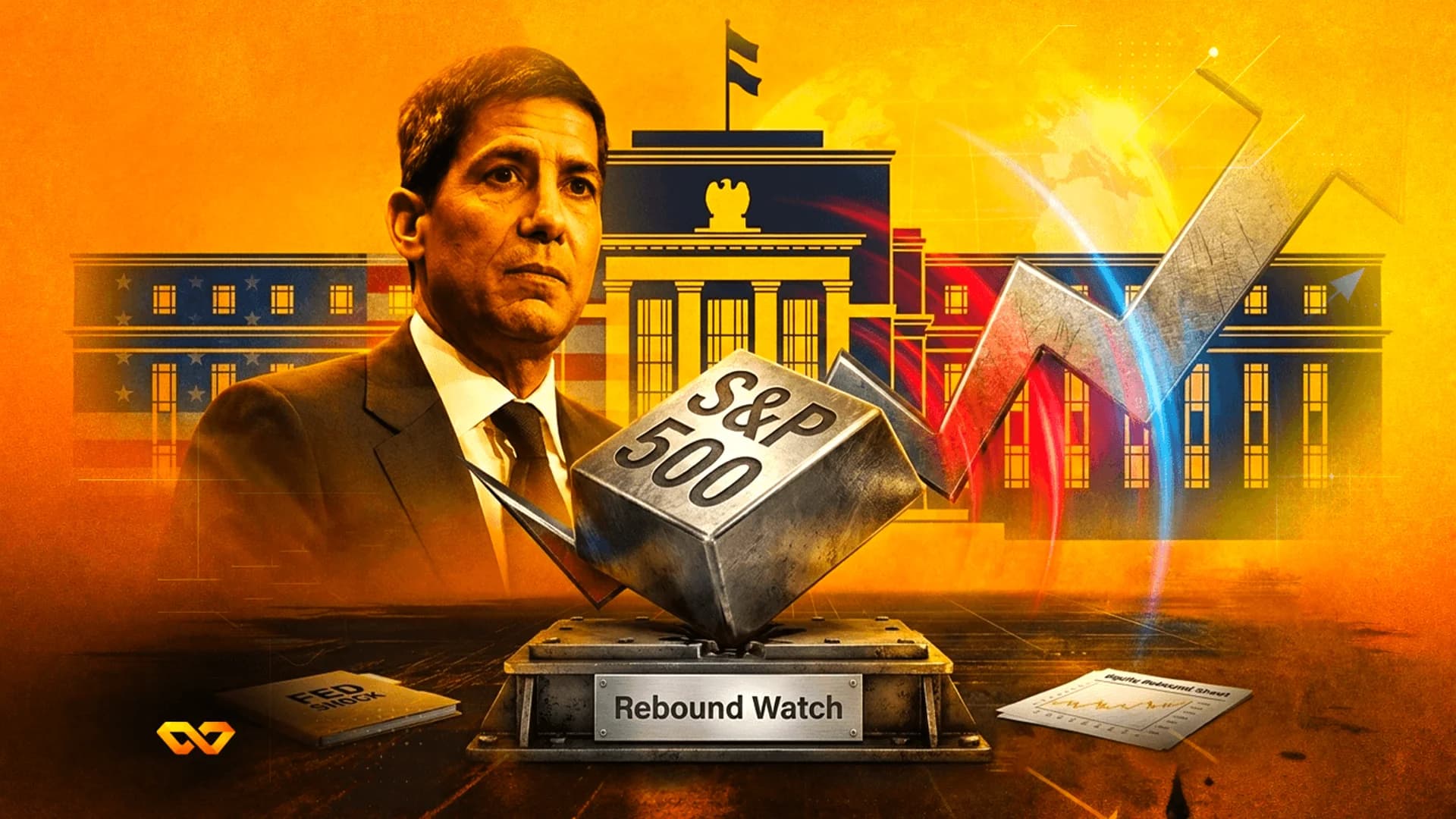 رسم توضيحي لرجل يرتدي بدلة بجانب مبنى الاحتياطي الفيدرالي، ومكعب S&P 500، وسهم رسم بياني صاعد.