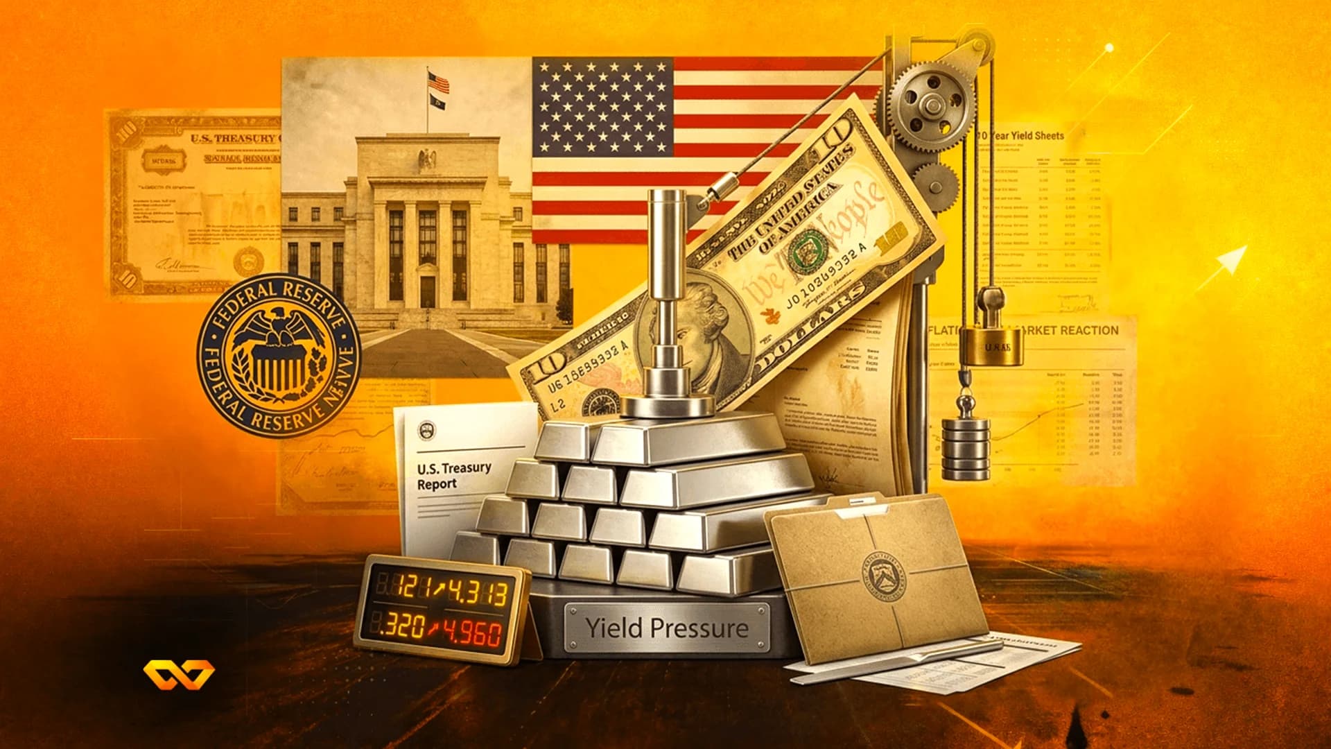 كولاج يضم مبنى الاحتياطي الفيدرالي الأمريكي، وعلم الولايات المتحدة، وعملات ورقية، وسبائك فضية، ومقياس ضغط العائد.