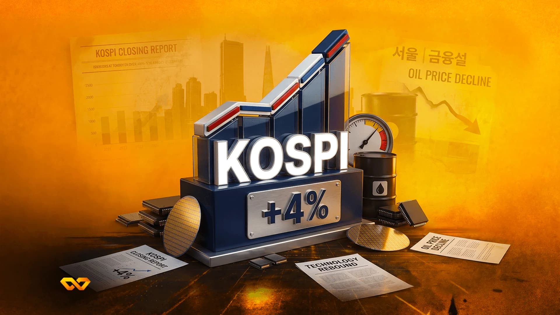 رسم توضيحي ثلاثي الأبعاد لمخطط شريطي صاعد مع نص 'KOSPI' و'+4%'، محاط برقائق دقيقة وبراميل نفط.