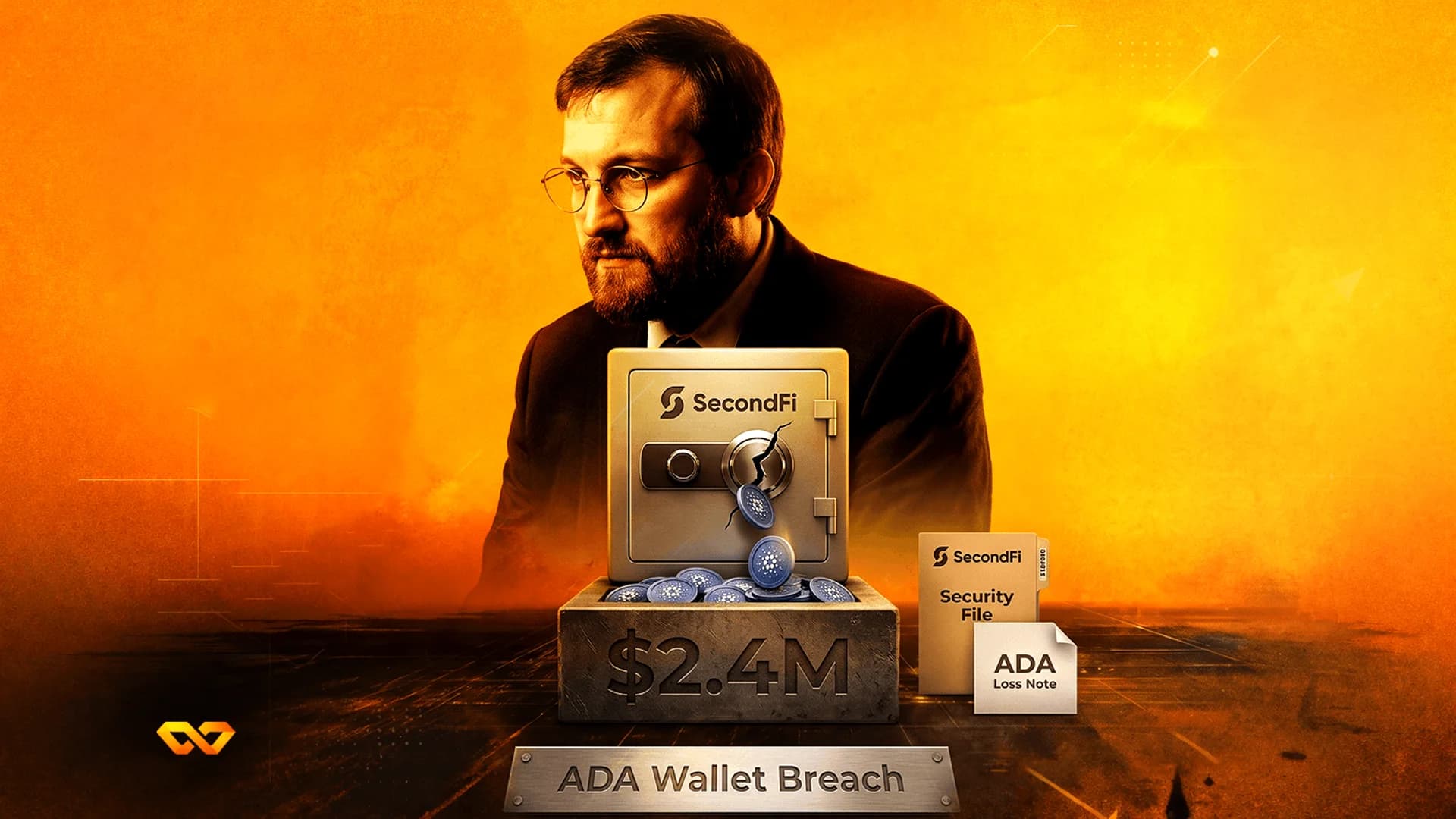 رجل يرتدي نظارات ينظر إلى خزنة مكسورة يتسرب منها عملات كاردانو، مع نص 'ADA Wallet Breach' ومبلغ '2.4M$'.