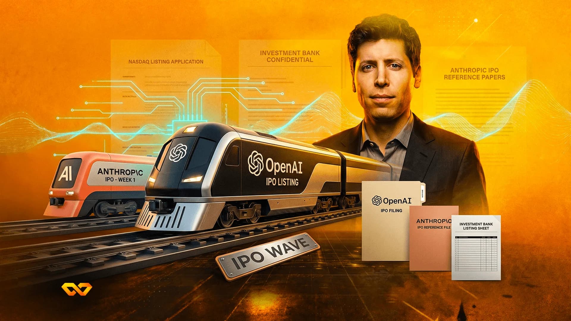 رسم رقمي لسام ألتمان خلف قطاري OpenAI وAnthropic على سكة حديد تحمل علامة IPO WAVE، بخلفية برتقالية.