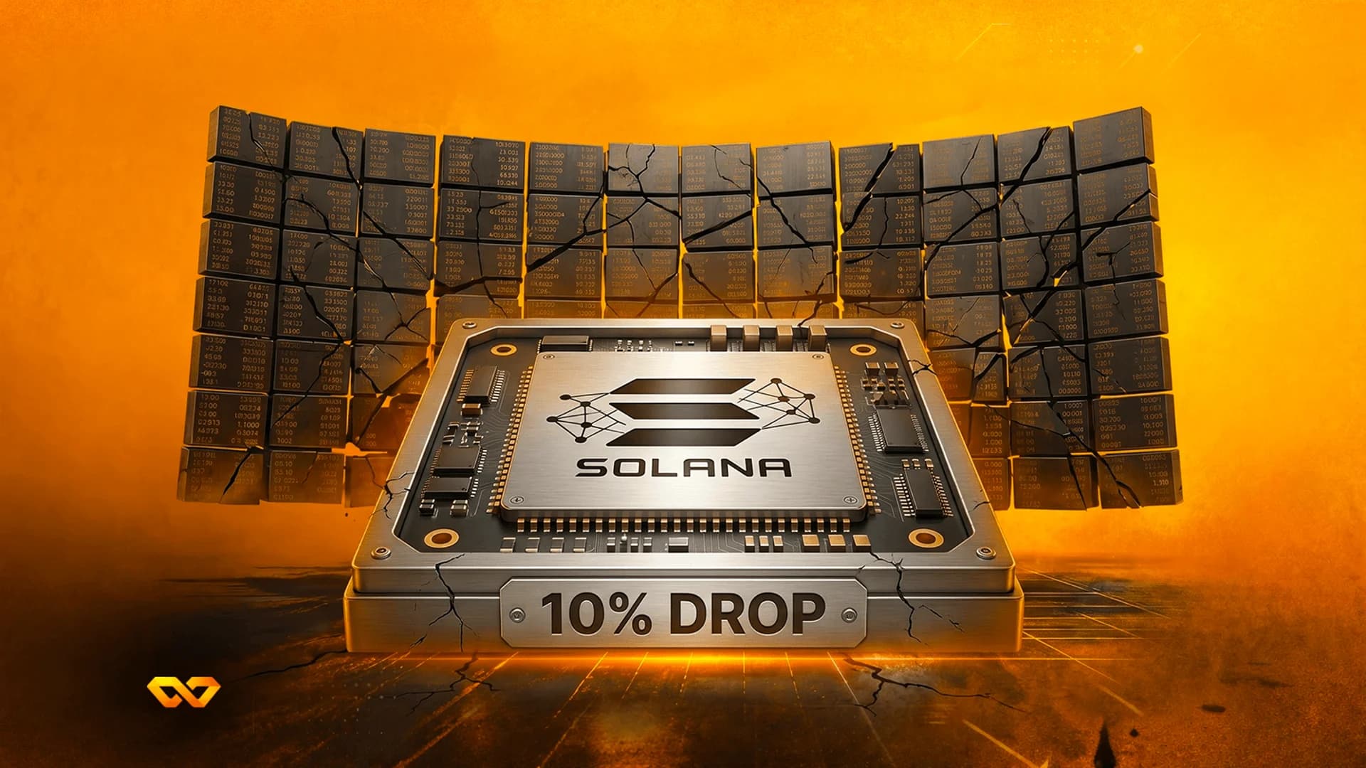 شعار سولانا على شريحة كمبيوتر مع عبارة '10% DROP' أمام خلفية من كتل البيانات المتصدعة.