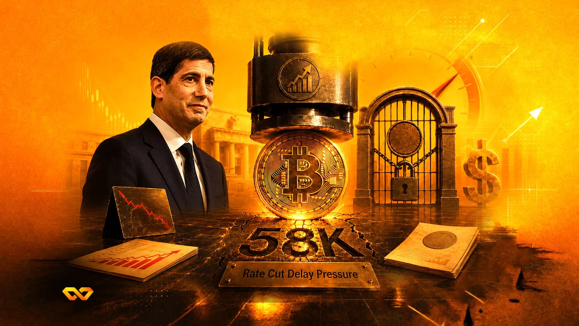 رسم توضيحي لرجل بجانب عملة بيتكوين تحت مكبس هيدروليكي مع نص '58K' وخلفية برتقالية.