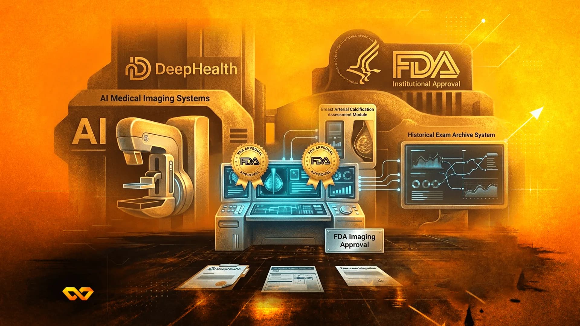 رسم توضيحي باللون البرتقالي لأنظمة DeepHealth للتصوير الطبي بالذكاء الاصطناعي، وأختام موافقة FDA، وشاشات بيانات تشخيصية.