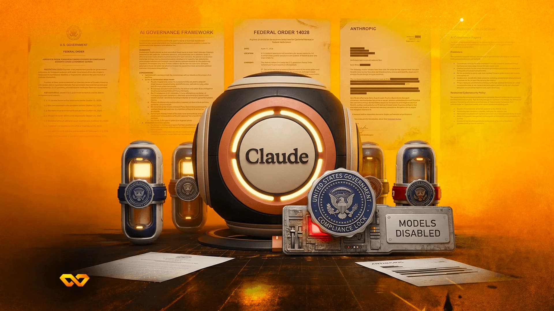 كرة مركزية تحمل اسم 'Claude' محاطة بأقفال امتثال حكومية أمريكية ووثائق حول تنظيم الذكاء الاصطناعي.