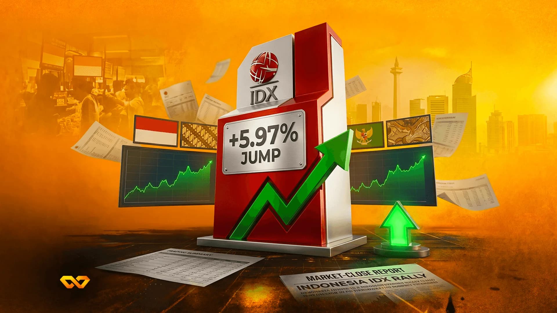 شعار بورصة إندونيسيا (IDX) على منصة حمراء وبيضاء مع سهم أخضر صاعد، محاطاً برسوم بيانية وعلم إندونيسيا.