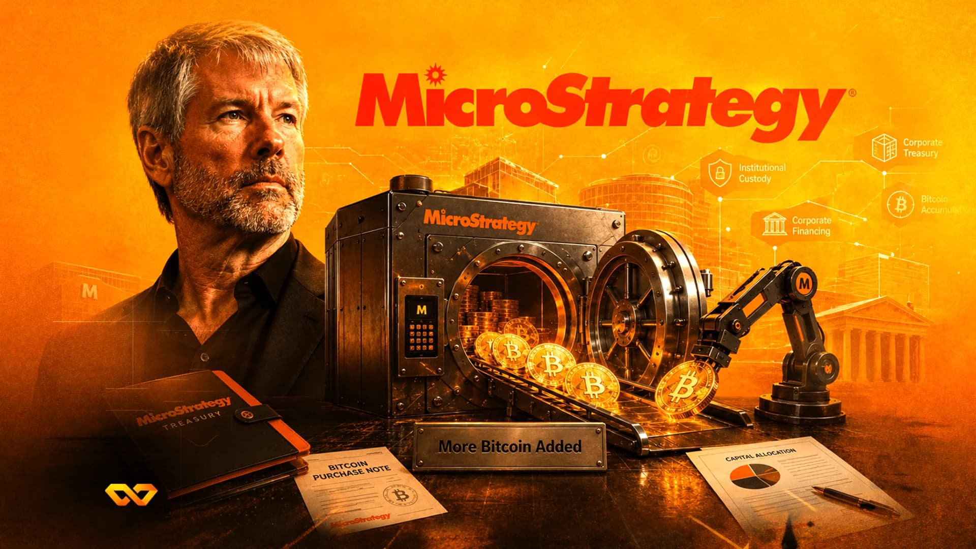 مايكل سايلور يقف بجانب خزنة MicroStrategy بينما يحرك ذراع آلي عملات بيتكوين ذهبية على حزام ناقل.