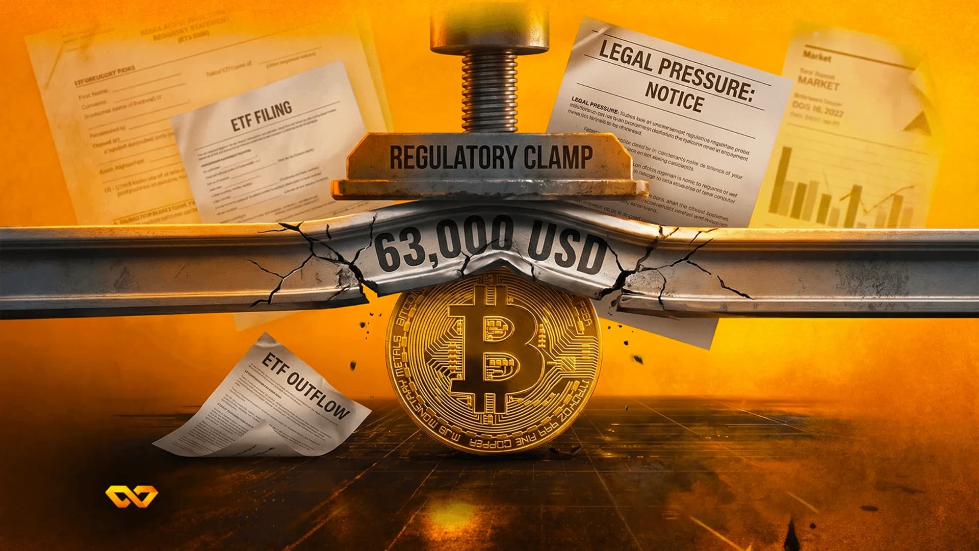 عملة بيتكوين ذهبية تتعرض للضغط بواسطة مشبك معدني مكتوب عليه 'Regulatory Clamp' فوق قضيب مكسور يحمل رقم '63,000 USD'.