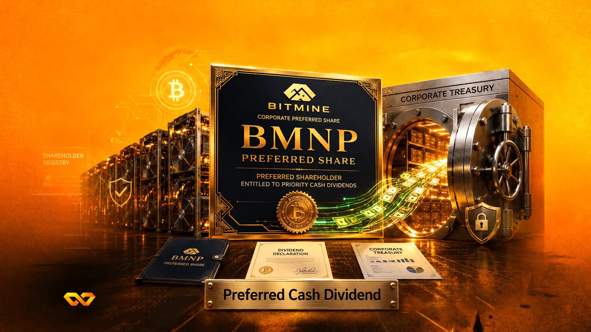 رسم توضيحي رقمي لشهادة أسهم Bitmine الممتازة، وشعار بيتكوين، ونقود تتدفق من خزنة.