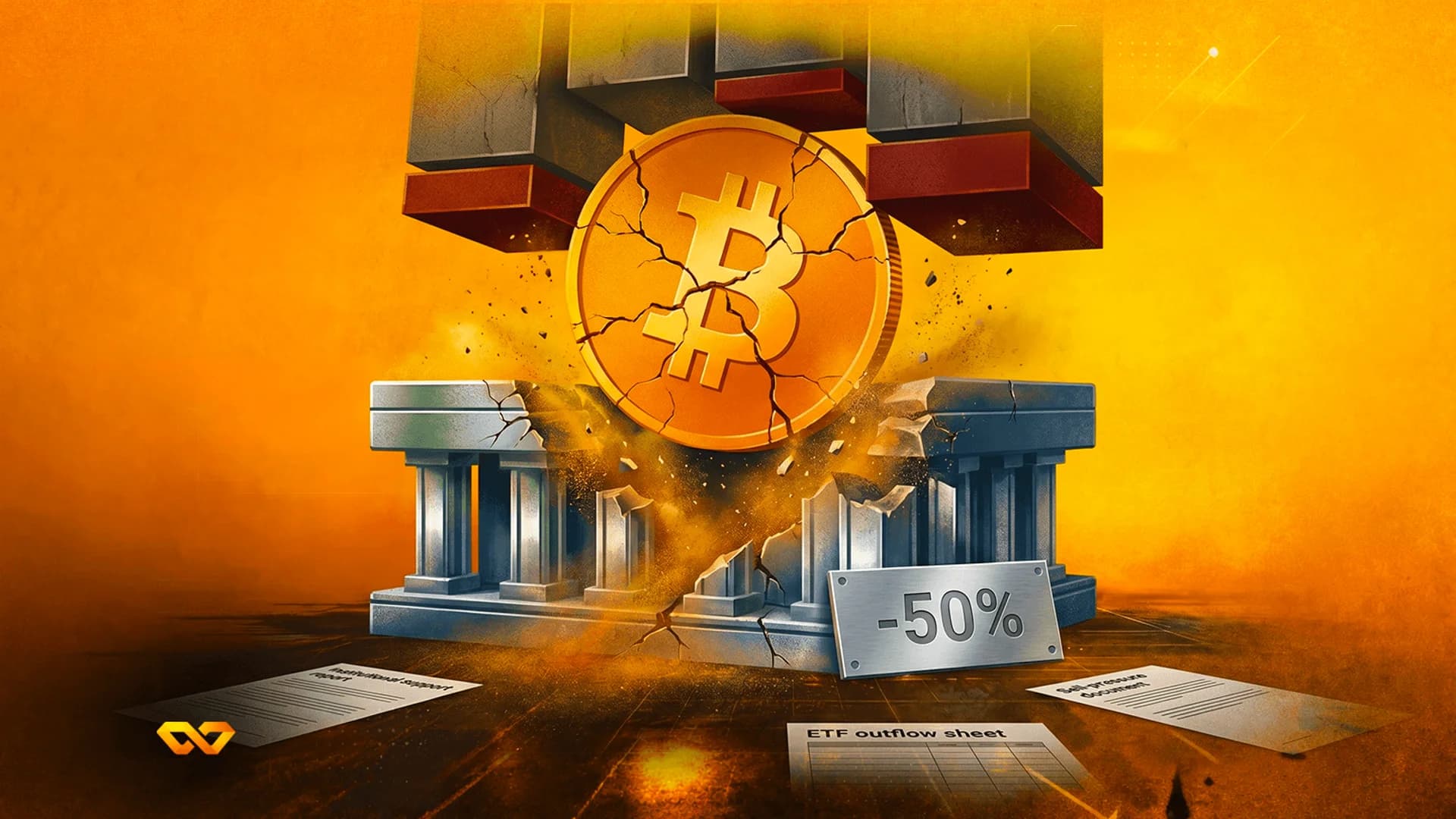 عملة بيتكوين متصدعة تتعرض للضغط بين مكبس ثقيل ومبنى كلاسيكي منهار مع لافتة تشير إلى انخفاض بنسبة 50%.