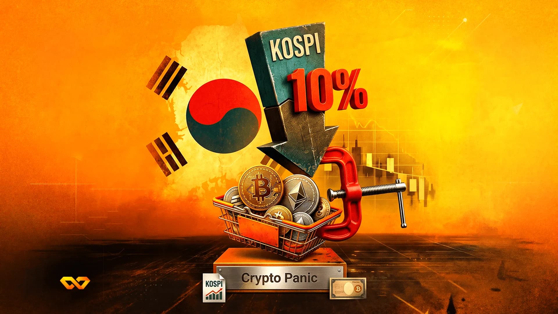 سهم هابط يحمل علامة KOSPI 10% يشير إلى سلة عملات مشفرة مضغوطة بملزمة حمراء أمام علم كوريا الجنوبية.