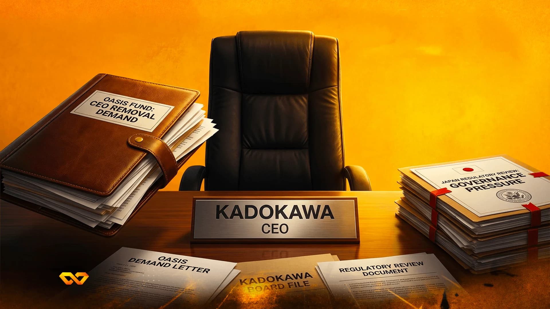 كرسي مكتب فارغ خلف مكتب عليه لوحة اسم KADOKAWA CEO ومجموعات من الوثائق القانونية.