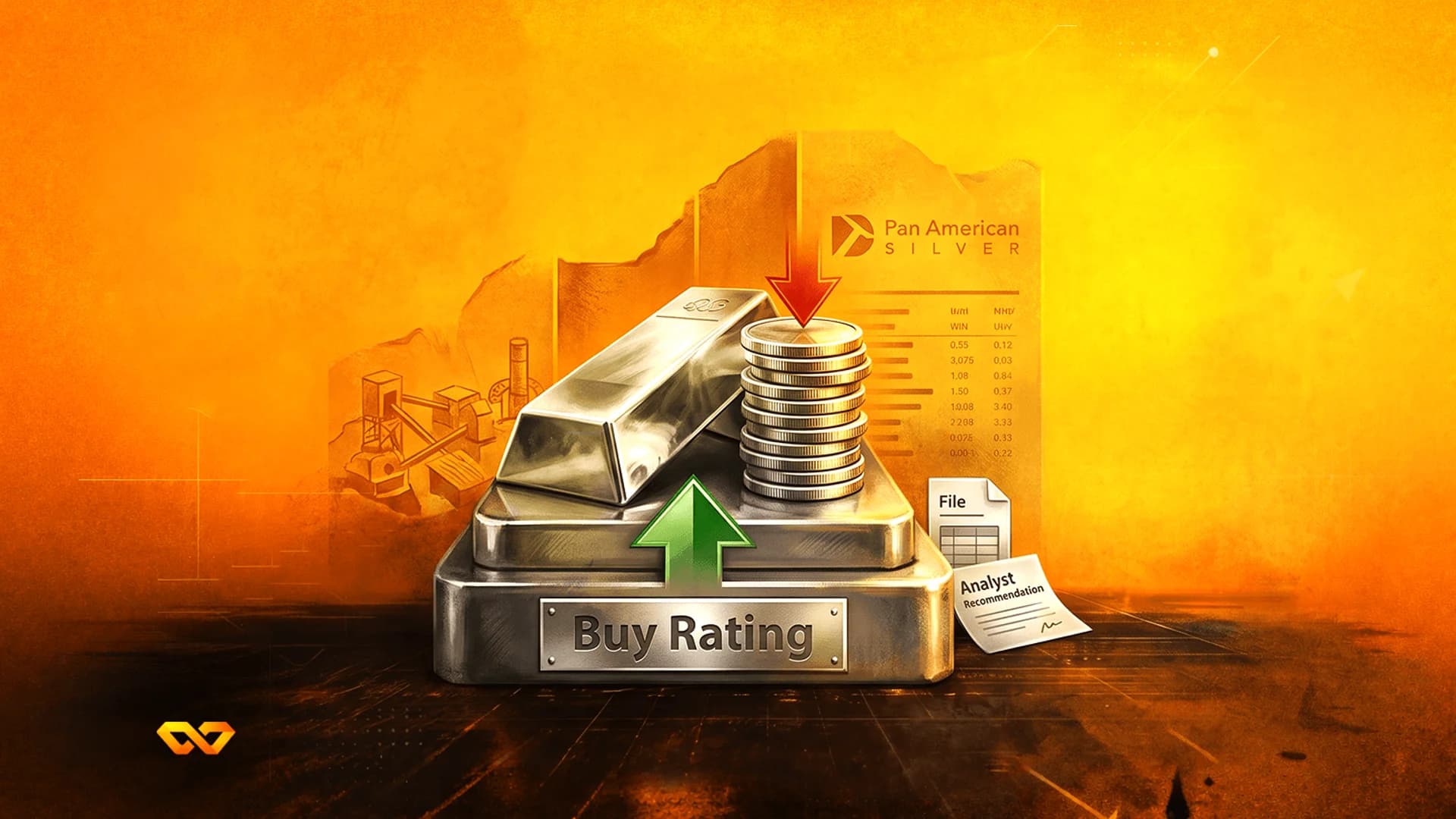 سبائك وعملات فضية على قاعدة مكتوب عليها 'Buy Rating' مع شعار شركة Pan American Silver في الخلفية.