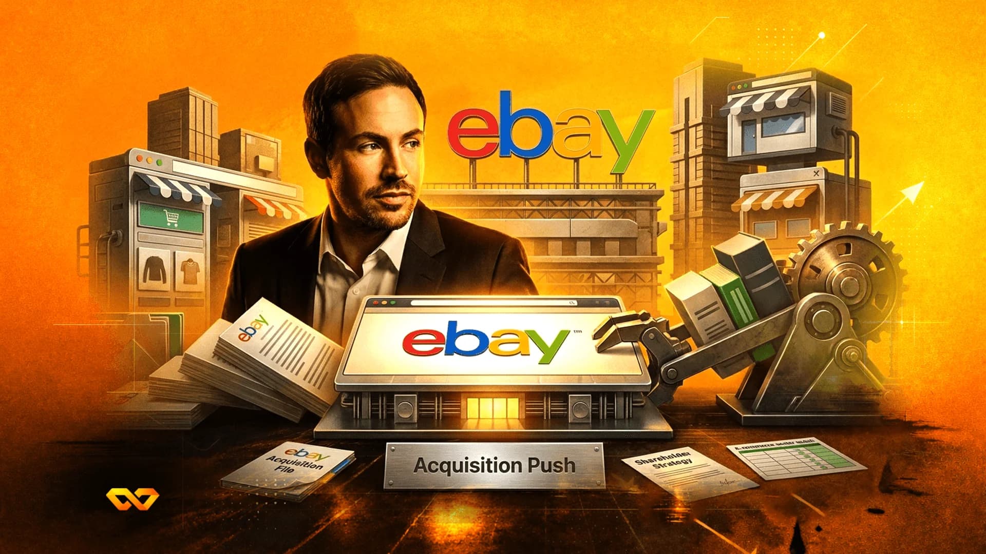 رسم توضيحي لرجل يرتدي بدلة مع شعارات إيباي وأيقونات متاجر إلكترونية ووثائق على مكتب.