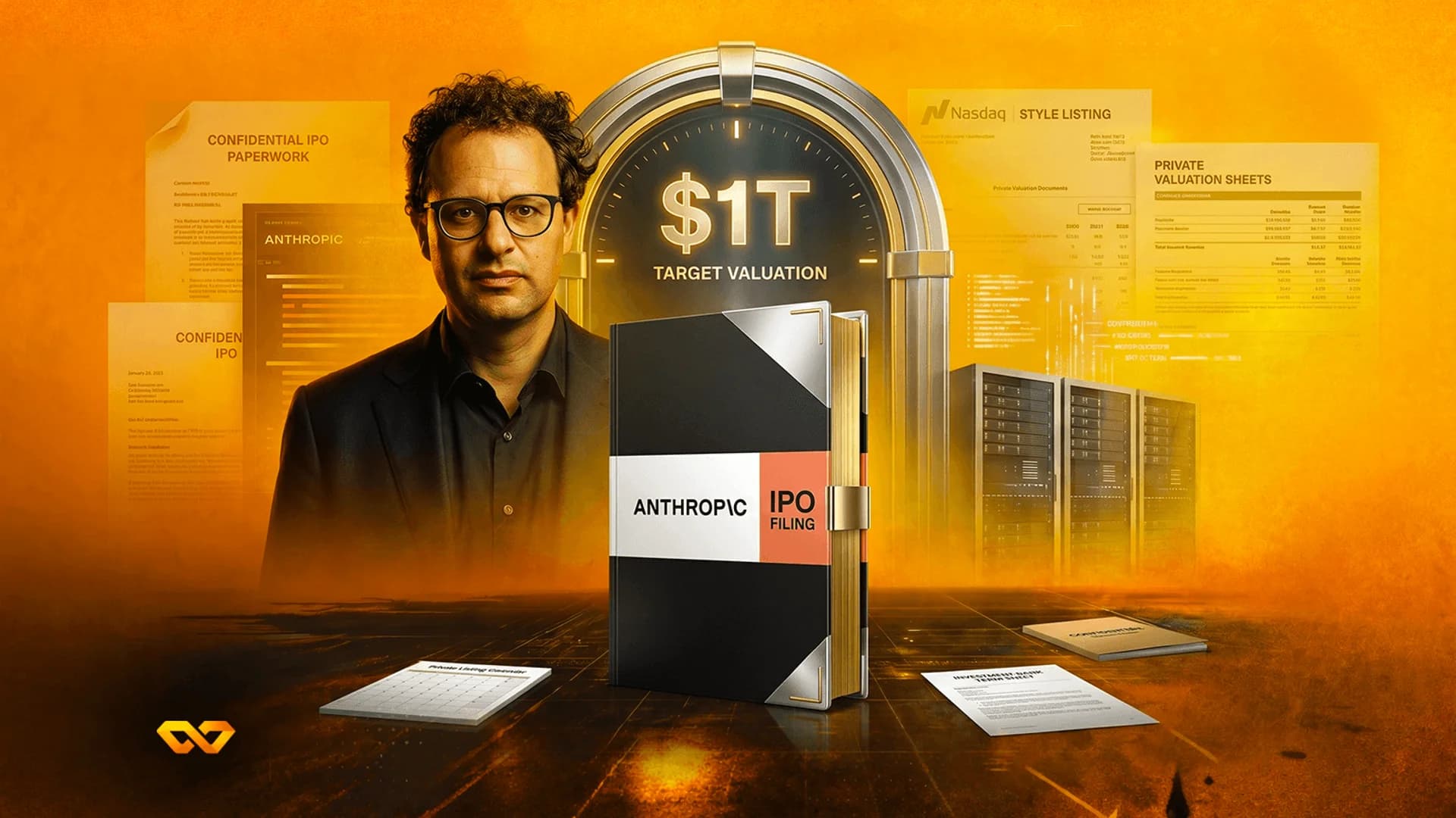 صورة لرجل يرتدي نظارات خلف كتاب بعنوان Anthropic IPO Filing، محاطاً بوثائق مالية وعلامة بقيمة 1 تريليون دولار.