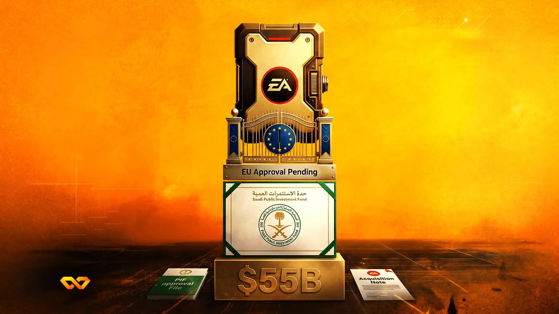 رسم رقمي لجهاز شعار EA وبوابة الاتحاد الأوروبي وصندوق الاستثمارات العامة السعودي على قاعدة ذهبية بقيمة 55 مليار دولار.