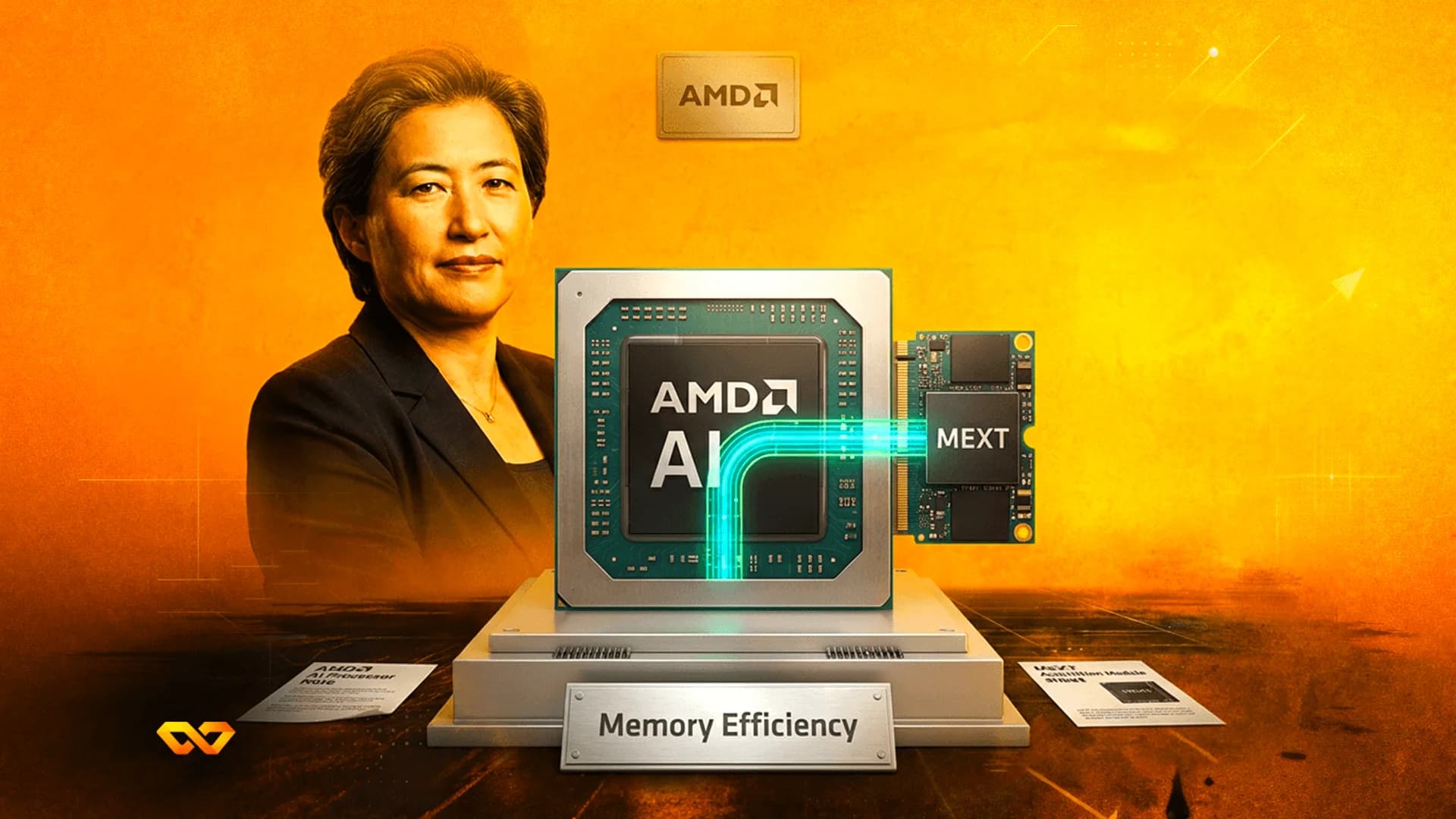 صورة لليزا سو بجانب معالج AMD AI على منصة مكتوب عليها كفاءة الذاكرة بخلفية برتقالية.