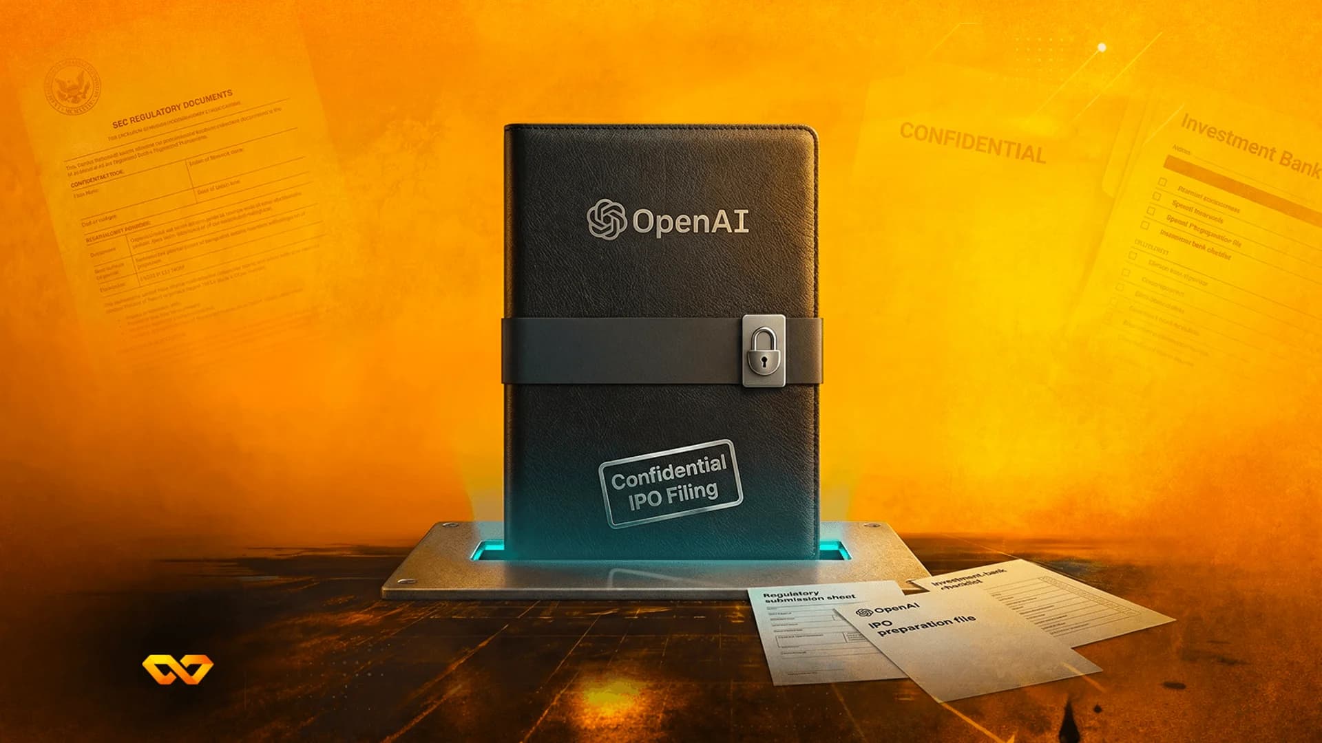 دفتر ملاحظات أسود عليه شعار OpenAI وقفل، يحمل ملصق 'ملف اكتتاب سري'، محاط بمستندات تنظيمية.