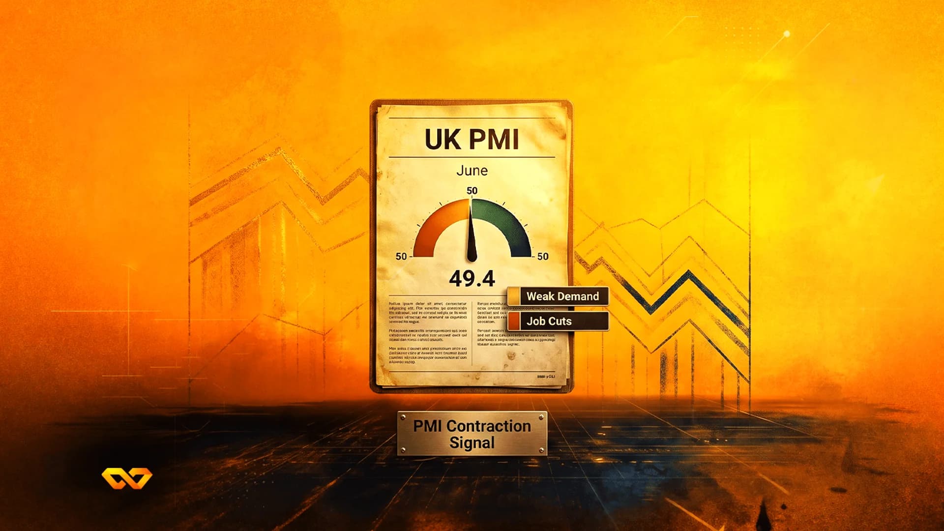 مقياس على بطاقة يظهر قراءة 49.4 لمؤشر مديري المشتريات في بريطانيا، مع ملصقات لضعف الطلب وخفض الوظائف بخلفية برتقالية.
