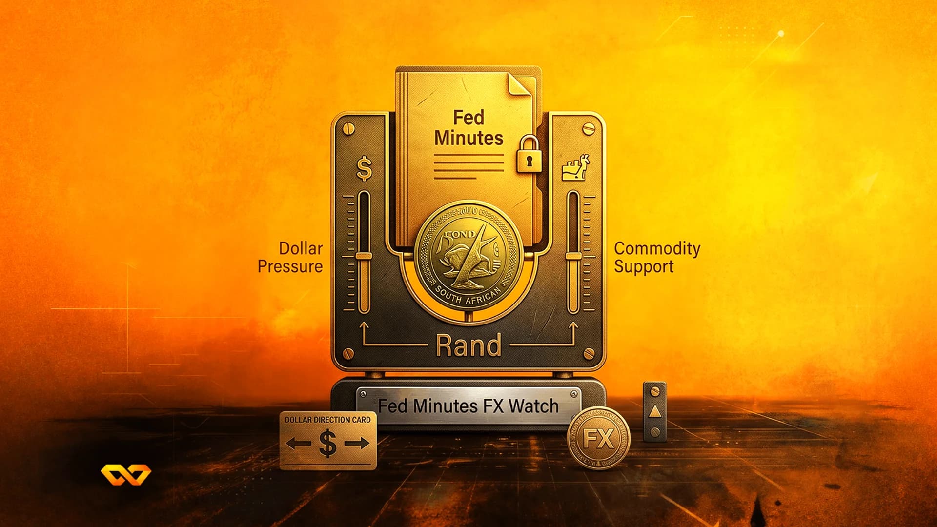 جهاز معدني مع عملة راند جنوب أفريقي ونص 'Fed Minutes' على خلفية برتقالية محكمة.