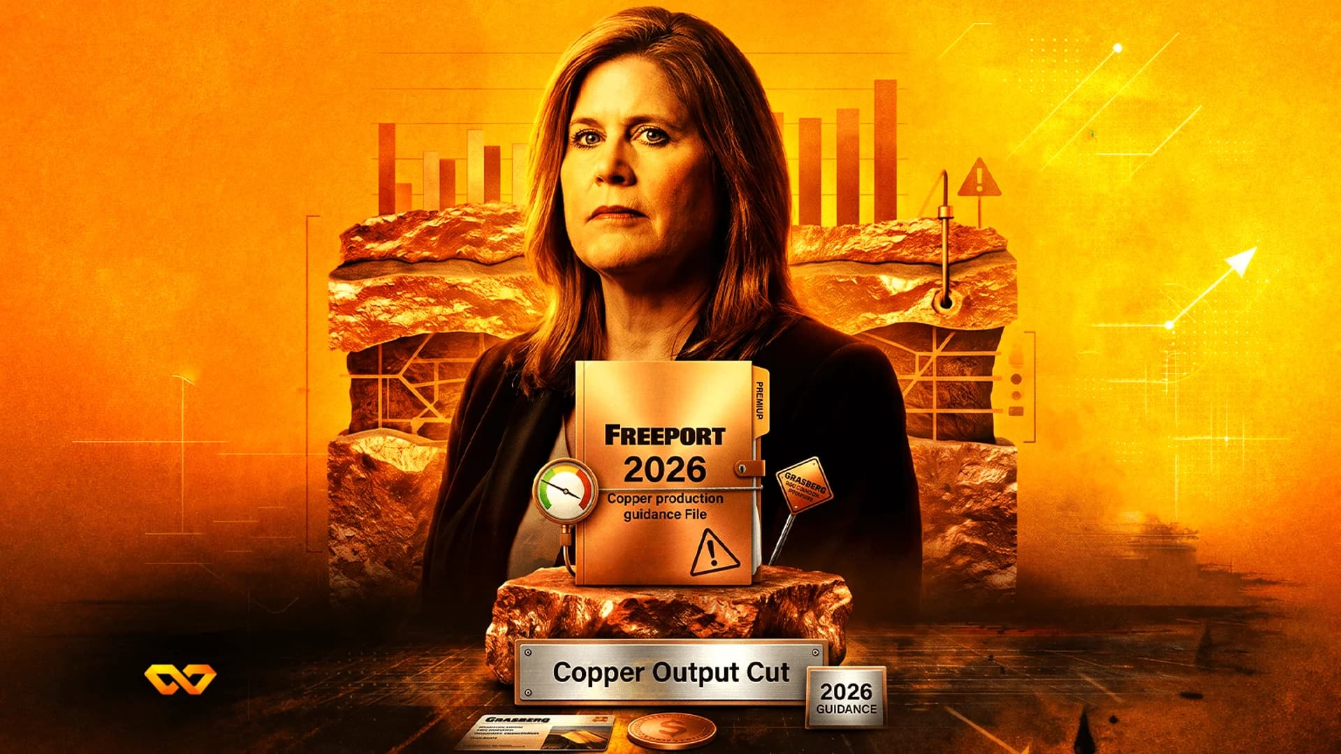 صورة لامرأة خلف ملف مكتوب عليه Freeport 2026 Copper production guidance على خلفية برتقالية.