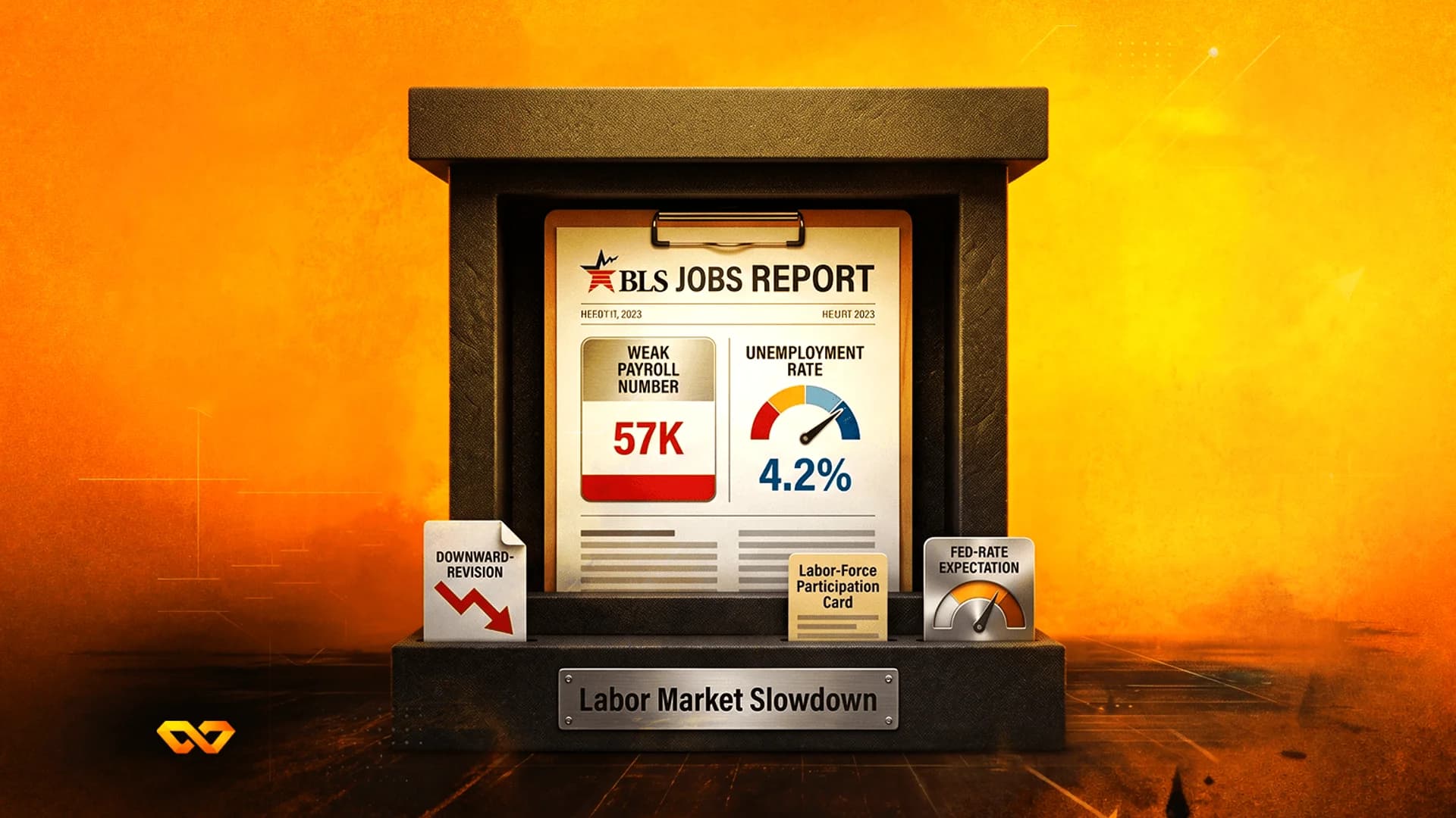 رسم توضيحي لتقرير وظائف BLS يظهر 57 ألف وظيفة ومعدل بطالة 4.2% على خلفية برتقالية.