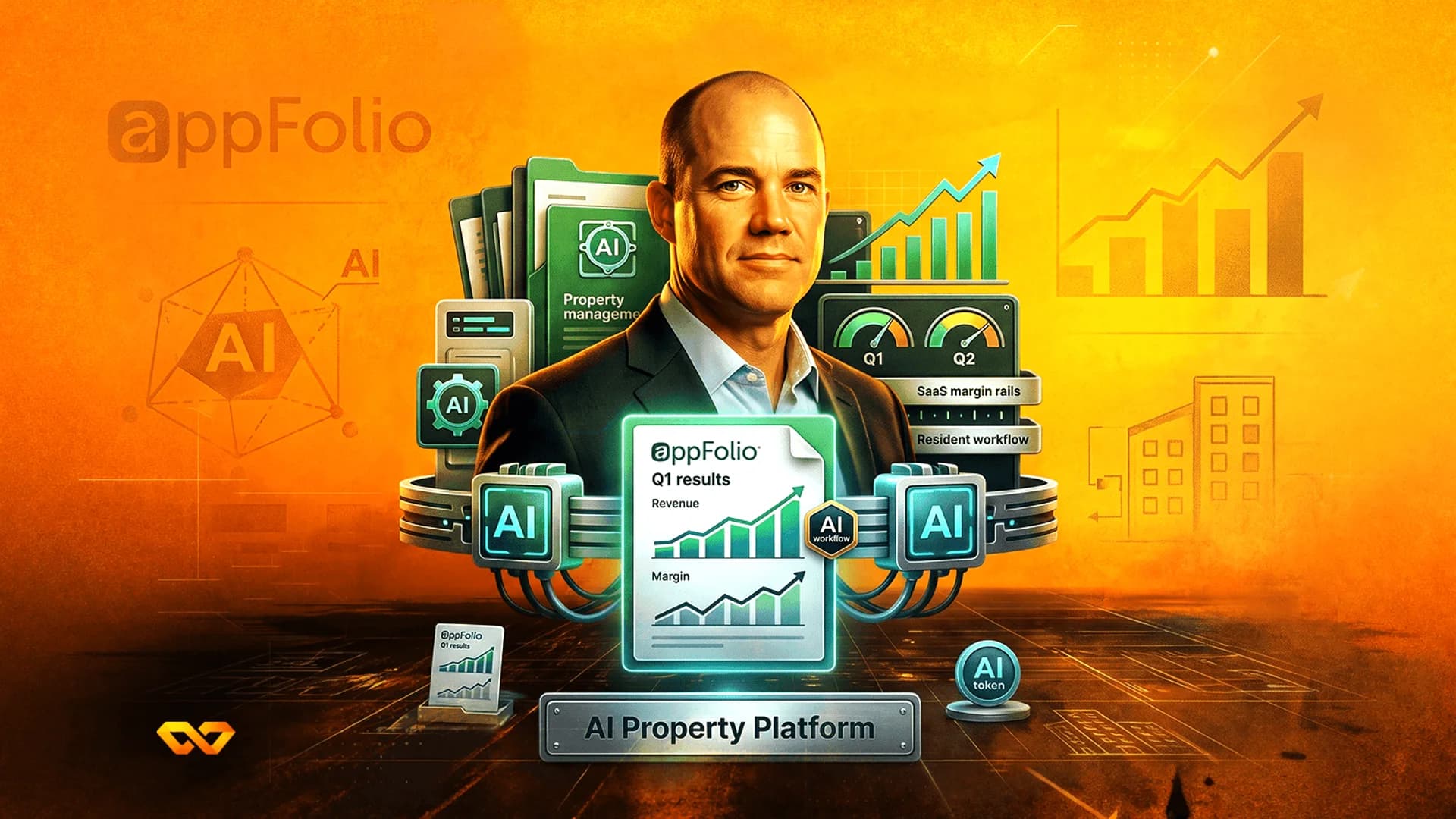 رسم رقمي لرجل محاط بعلامة AppFolio التجارية ورسوم بيانية مالية وأيقونات ذكاء اصطناعي على خلفية برتقالية.