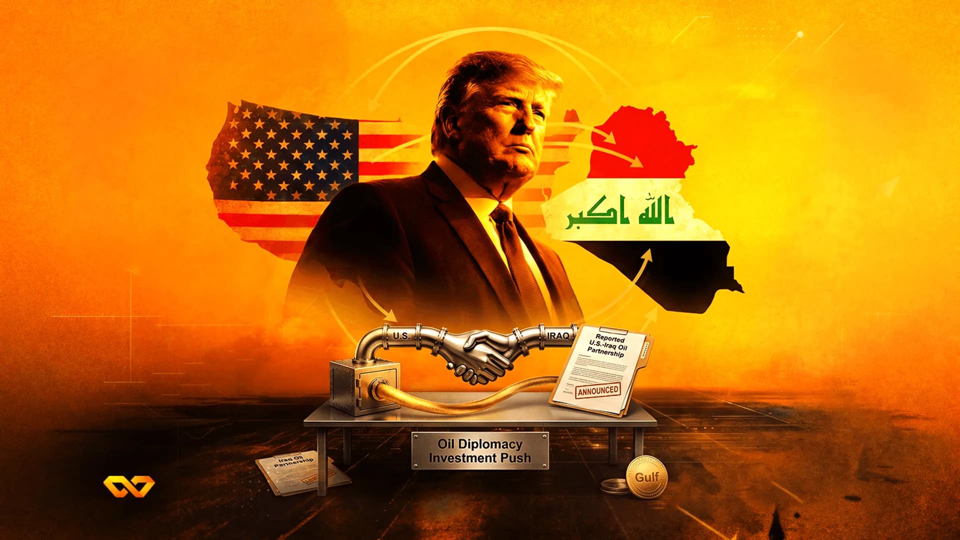 صورة لدونالد ترامب فوق علمي الولايات المتحدة والعراق مع تمثال مصافحة من الأنابيب ووثائق شراكة نفطية.