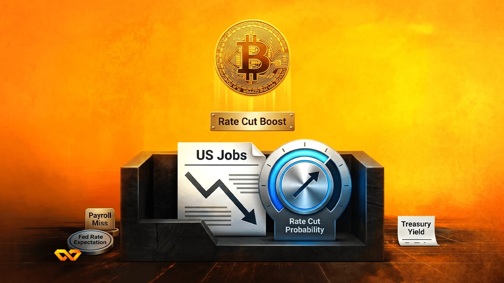عملة بيتكوين فوق لافتة 'Rate Cut Boost'، بجانب رسم بياني لوظائف الولايات المتحدة ومؤشر احتمالية خفض الفائدة.