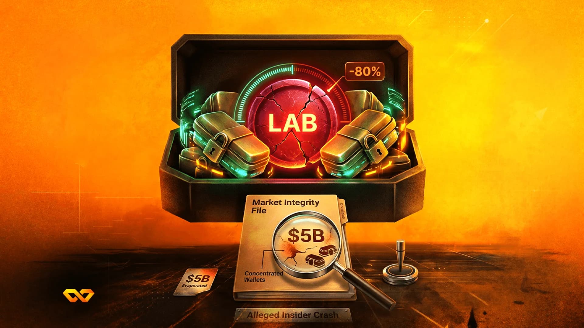 رمز 'LAB' أحمر متصدع في حقيبة، ومقياس -80%، وعدسة مكبرة فوق ملف نزاهة السوق بقيمة 5 مليار دولار.