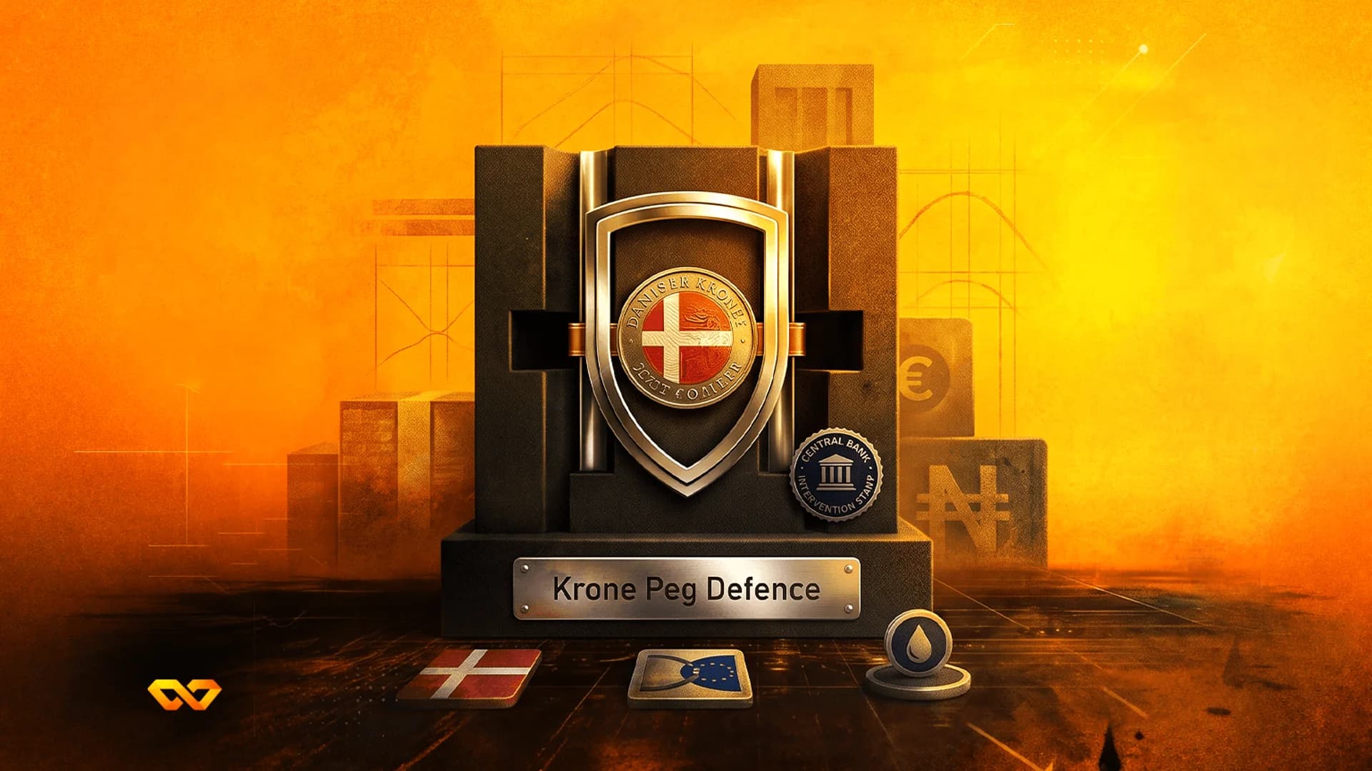 نصب تذكاري داكن عليه درع بعلم الدنمارك ولوحة مكتوب عليها 'Krone Peg Defence' على خلفية برتقالية.