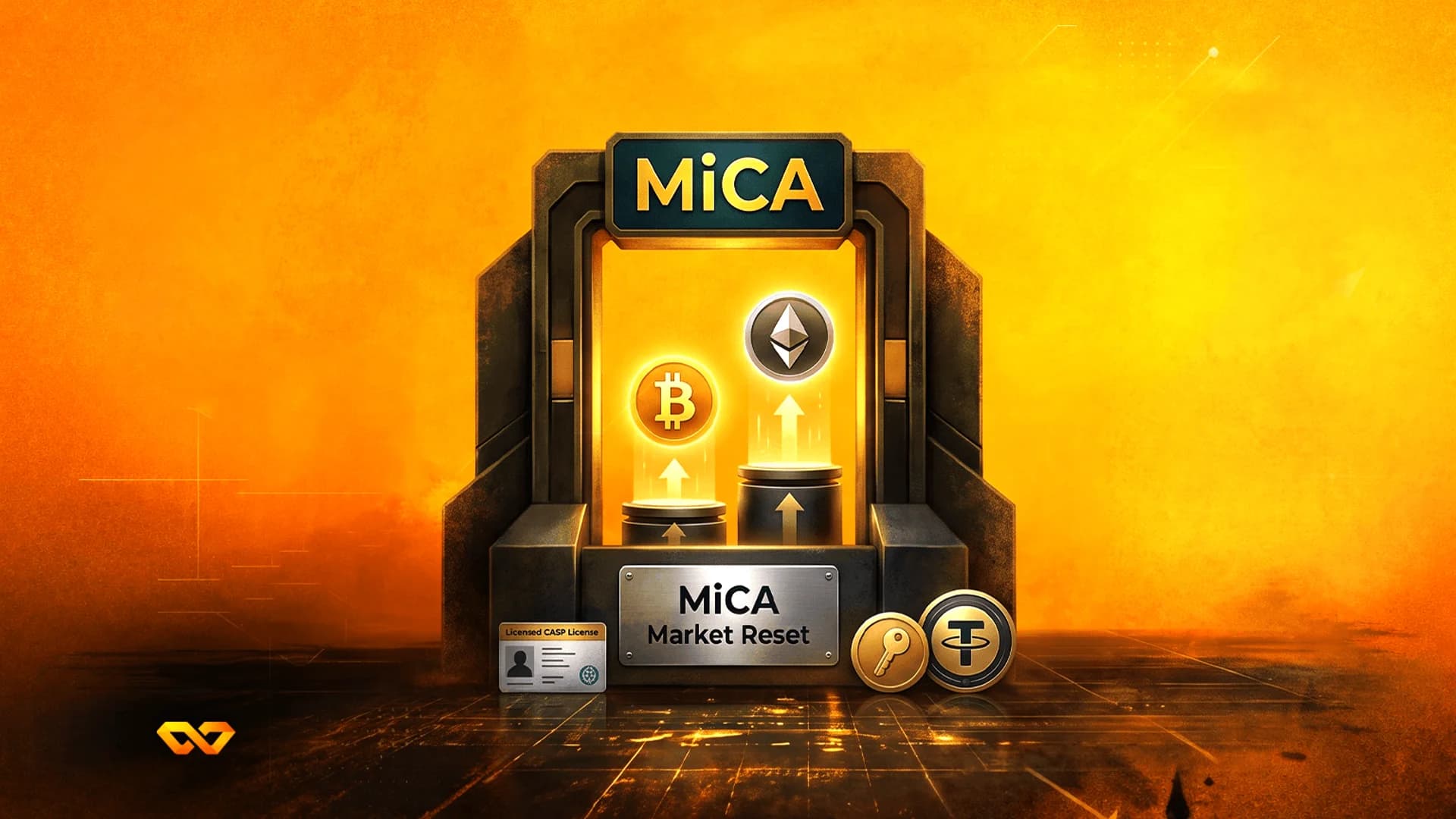 رسم رقمي لآلة تحمل علامة MiCA مع شعارات بيتكوين وإيثيريوم وتيذر على خلفية برتقالية.