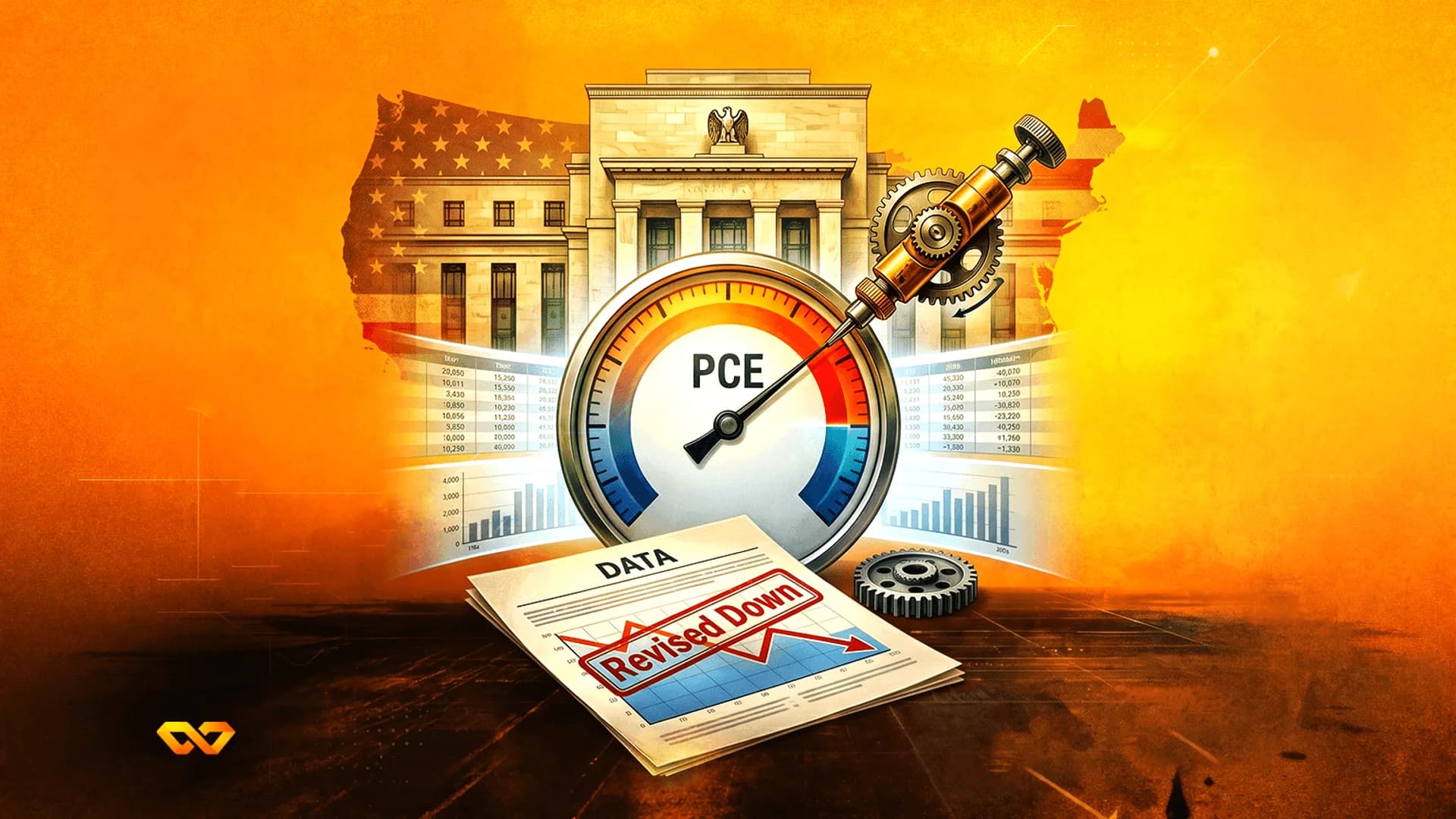 مقياس PCE أمام مبنى الاحتياطي الفيدرالي وعلم الولايات المتحدة، مع مستند مختوم بعبارة 'تمت المراجعة نزولاً' في الأسفل.