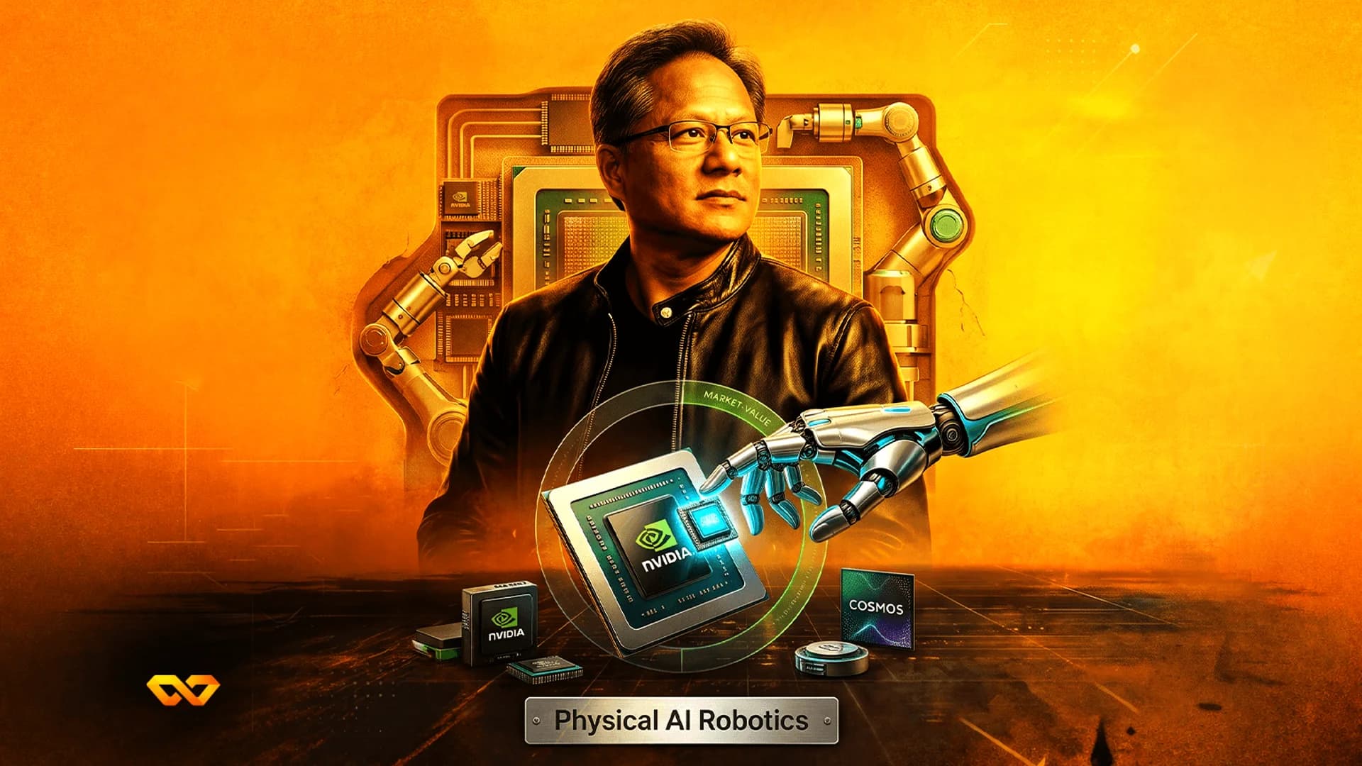 جينسن هوانغ محاط بأذرع آلية ورقائق إنفيديا على خلفية برتقالية مع لافتة Physical AI Robotics.