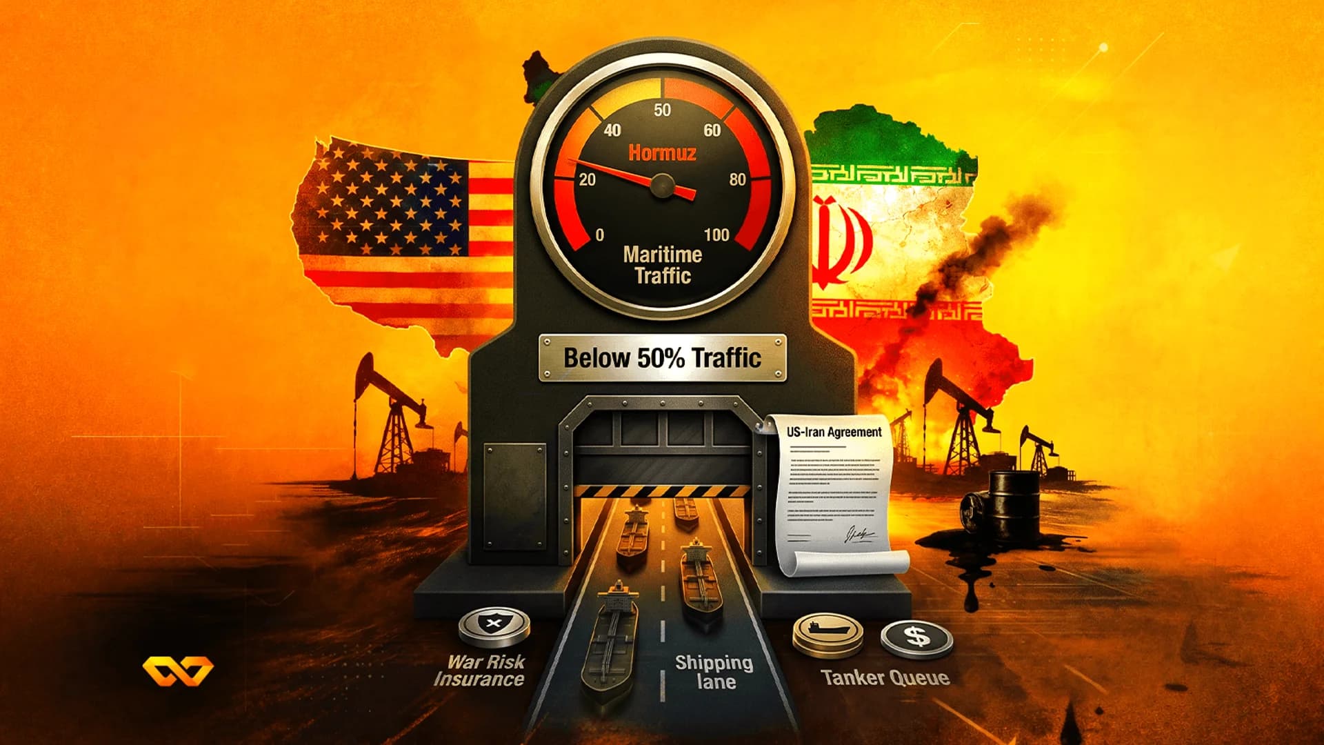 مقياس يظهر انخفاض حركة المرور البحرية في مضيق هرمز، مع أعلام الولايات المتحدة وإيران ومنصات نفط وناقلات.