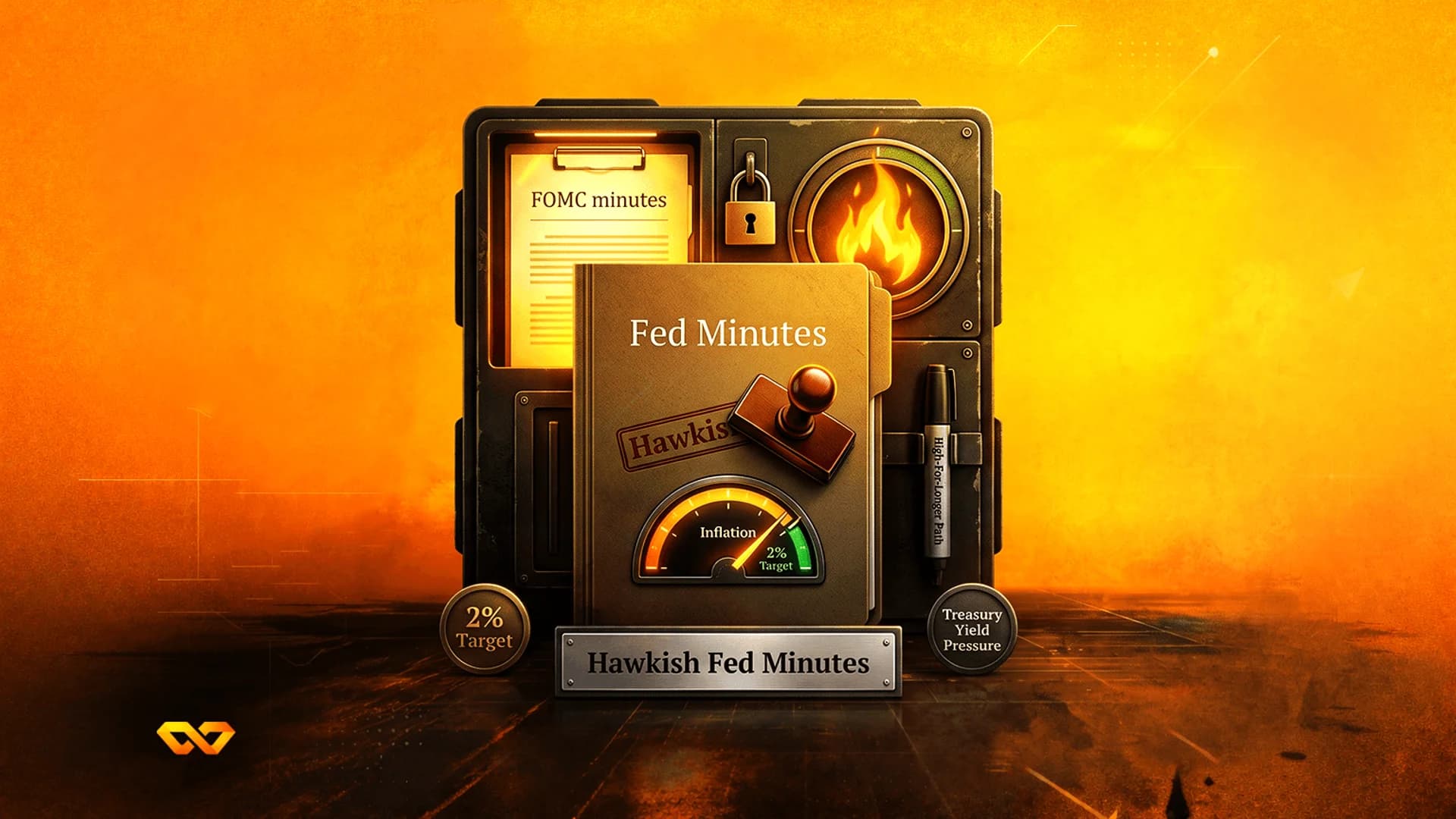 رسم توضيحي لمجلد 'Fed Minutes' ومقياس تضخم وختم 'Hawkish' على خلفية برتقالية بأسلوب صناعي.