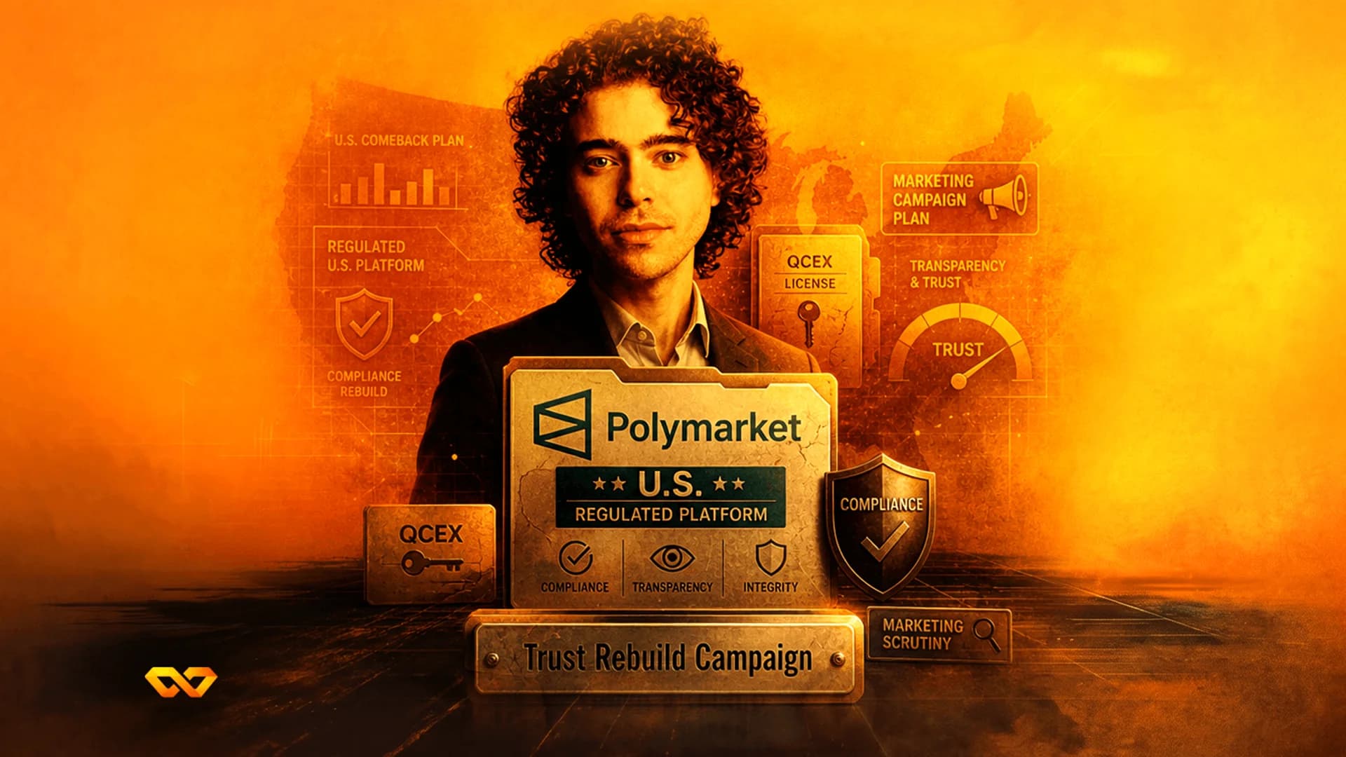 رسم رقمي لرجل بشعر مجعد محاط بعلامة Polymarket التجارية وأيقونات الامتثال التنظيمي.