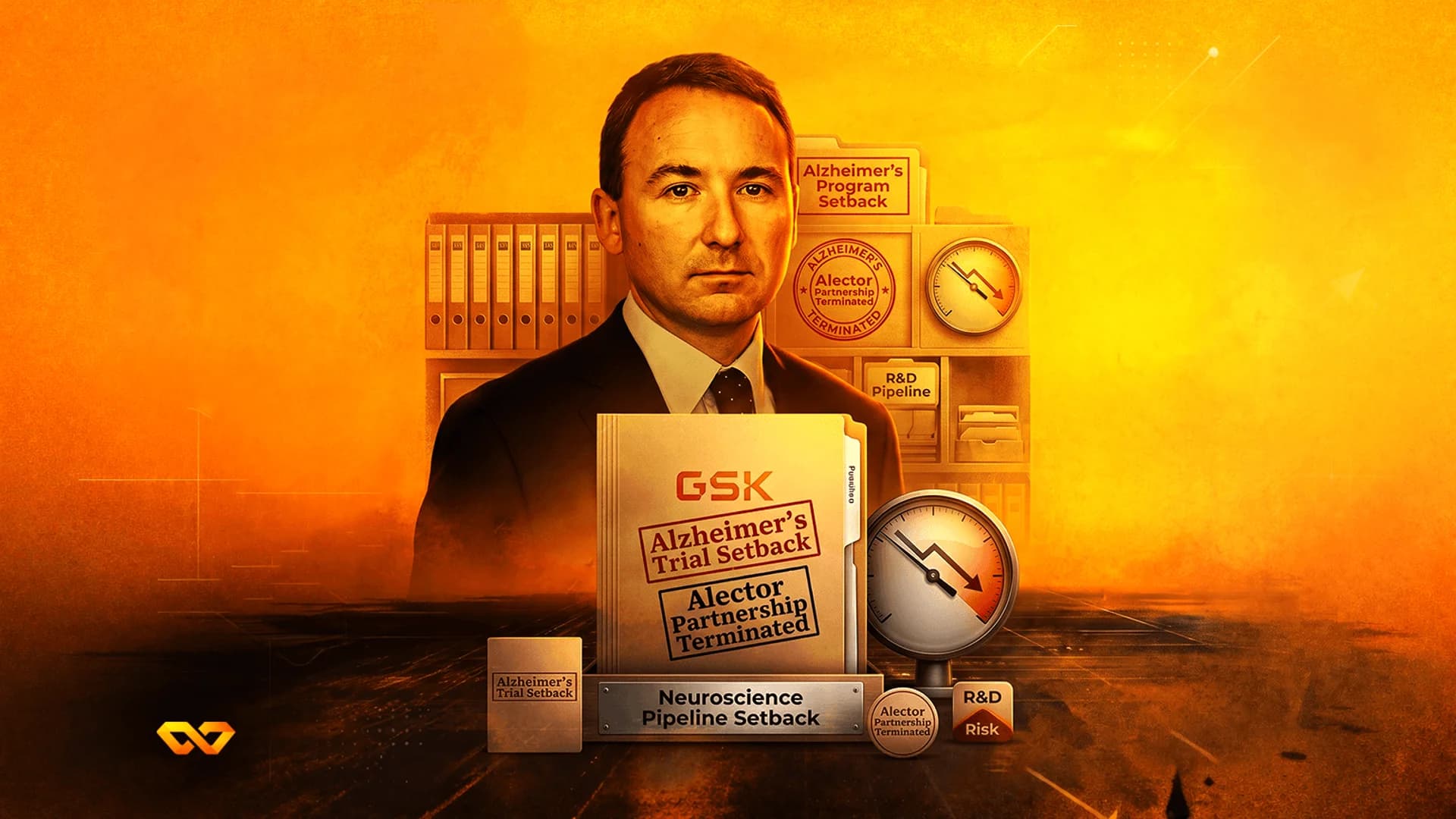رسم توضيحي لرجل يرتدي بدلة محاطاً بملفات ومقاييس مع نص حول انتكاسات تجارب شركة GSK لمرض الزهايمر.