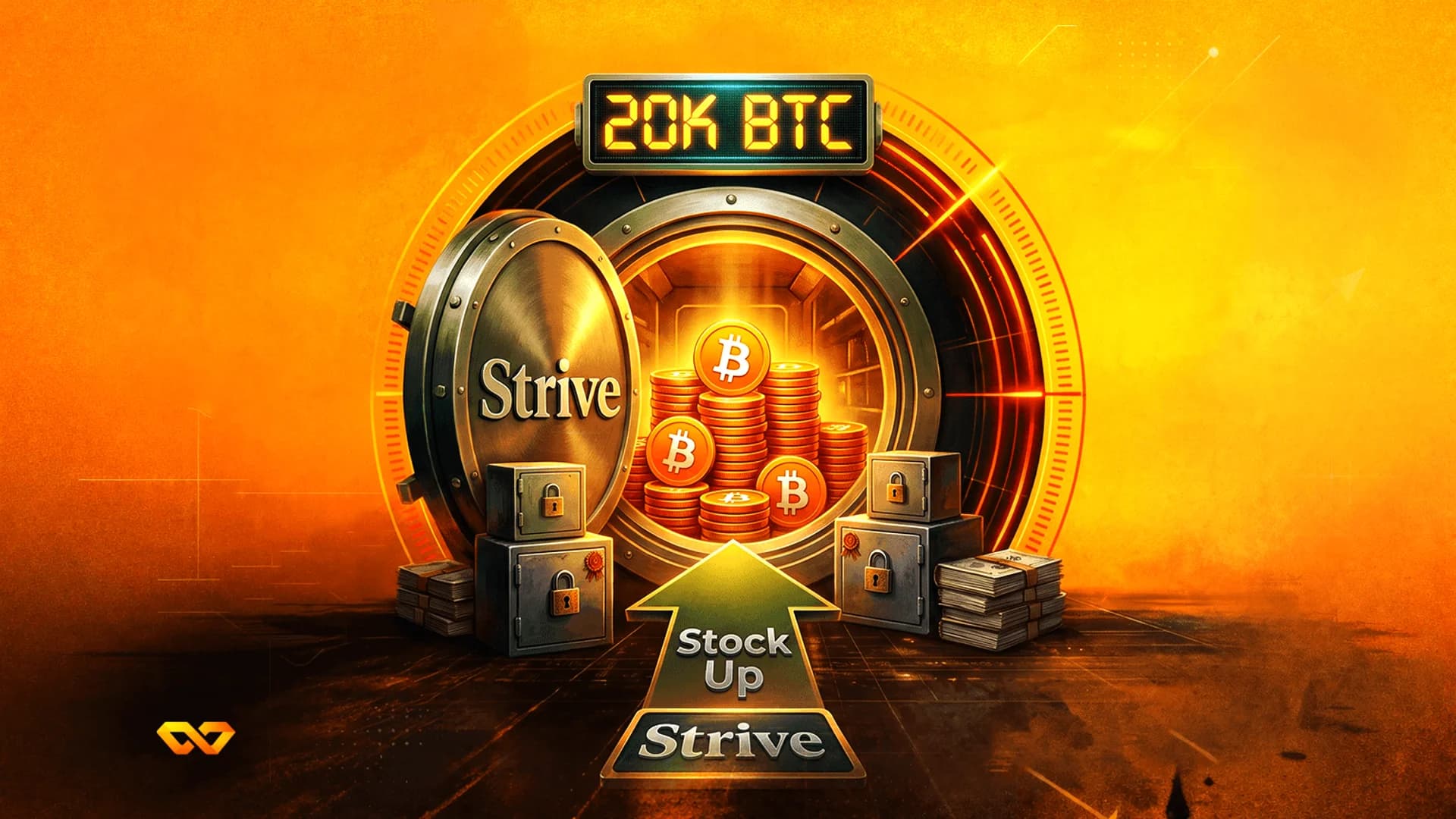 خزنة مفتوحة بها عملات بيتكوين، وشاشة رقمية 20K BTC، وشعار Strive على خلفية برتقالية.