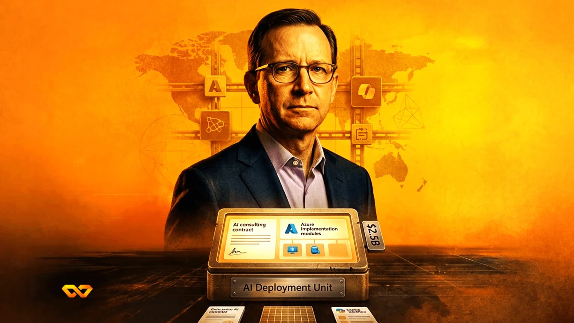 رسم توضيحي لرجل يرتدي نظارات مع خلفية لخريطة العالم، وصندوق وحدة نشر الذكاء الاصطناعي، وشعار أزور.